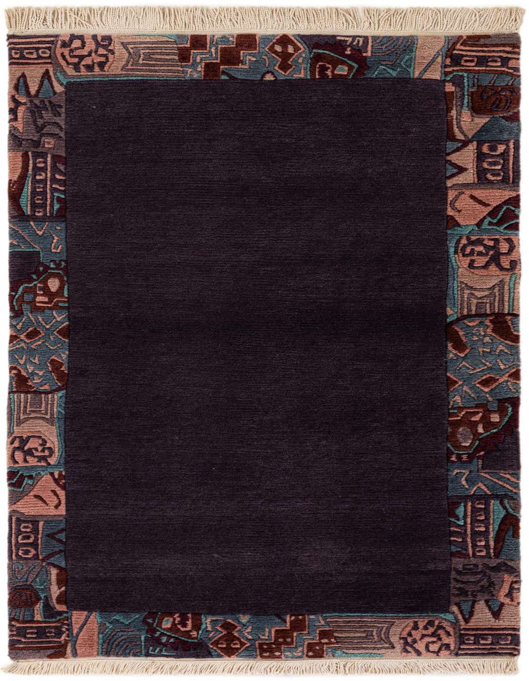 A 3x5 rectangular purple wool rug with a high pile and a modern abstract border in teal, brown, and beige.