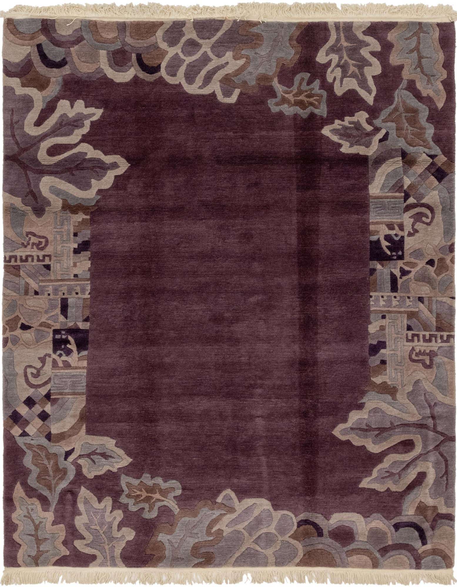 A 6x9 rectangular purple wool rug with an intricate border featuring abstract grey, beige, and darker purple leaf and geometric patterns.