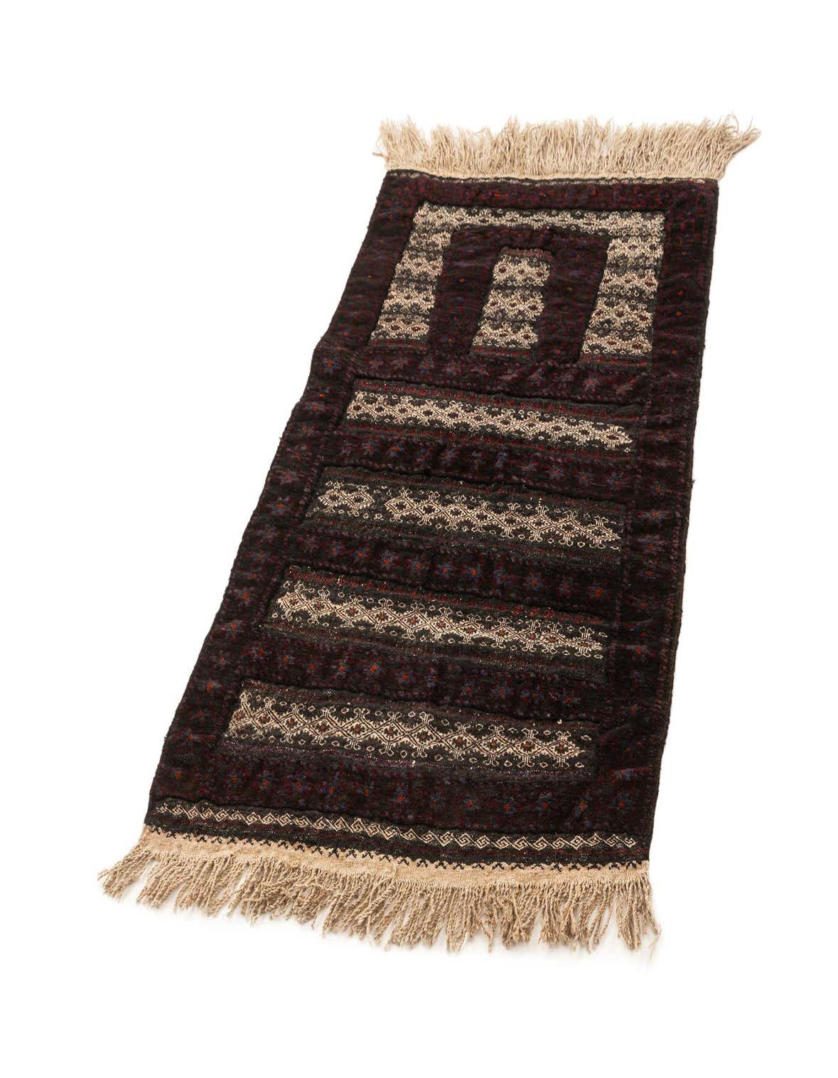 A 2x5 rectangular Sofreh wool rug featuring a deep purple base with intricate beige and red traditional patterns, finished with natural fringe.