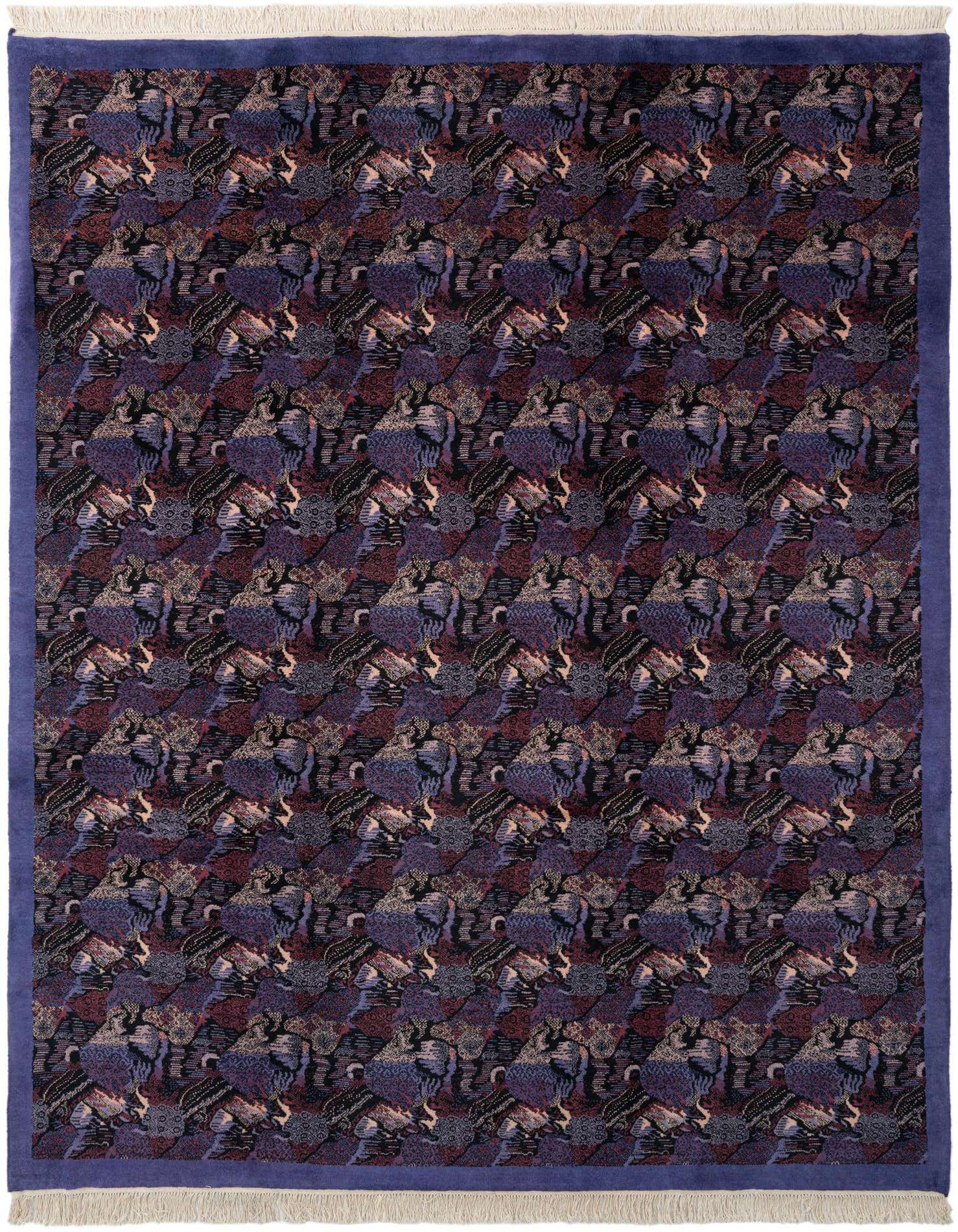 A rectangular 8x10 Tibet Collection rug featuring a modern oriental pattern in shades of purple, black, and red, with a solid purple border and white fringe.