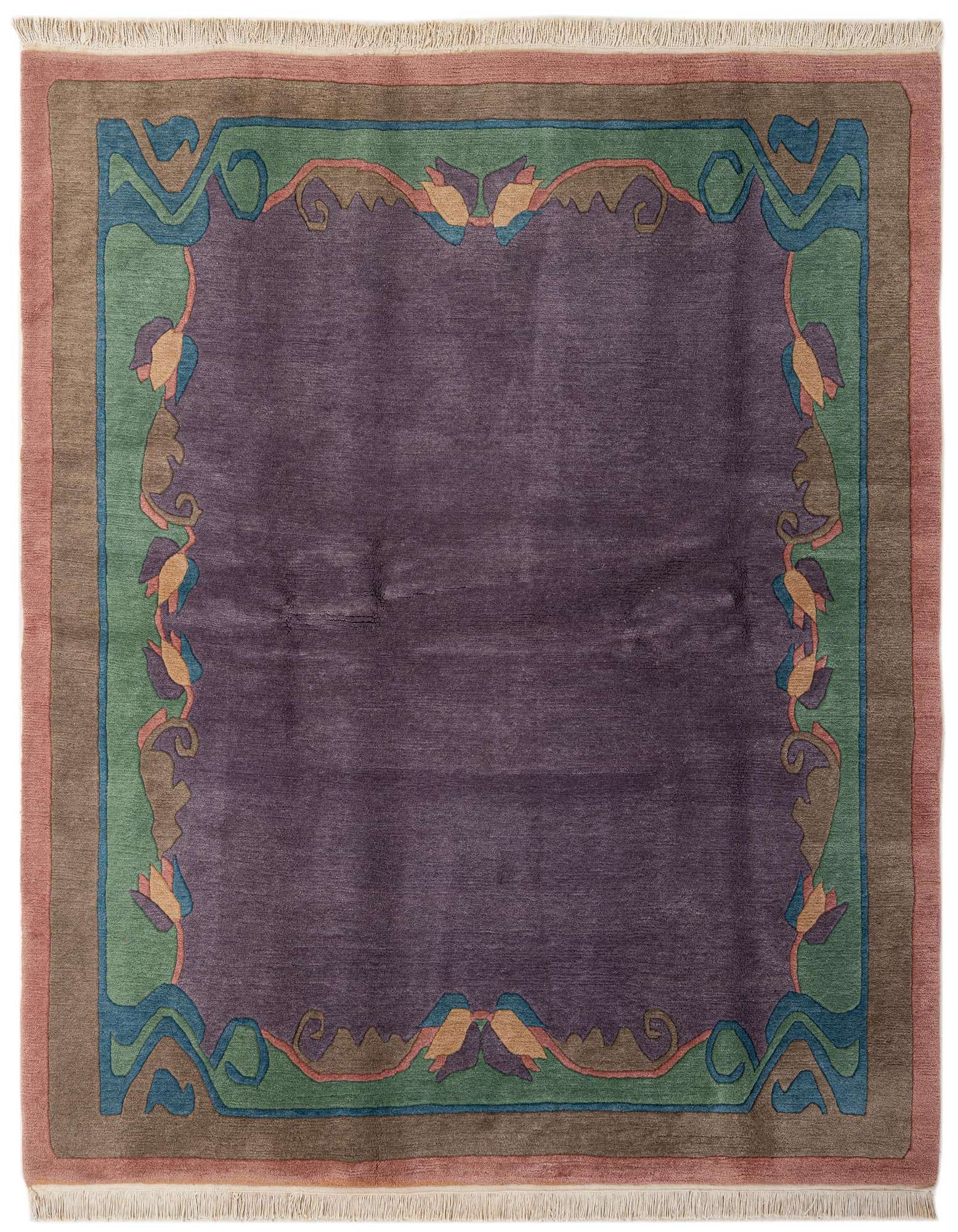 A 6x9 rectangular purple wool rug with a colorful modern oriental border in green, blue, brown, and pink.