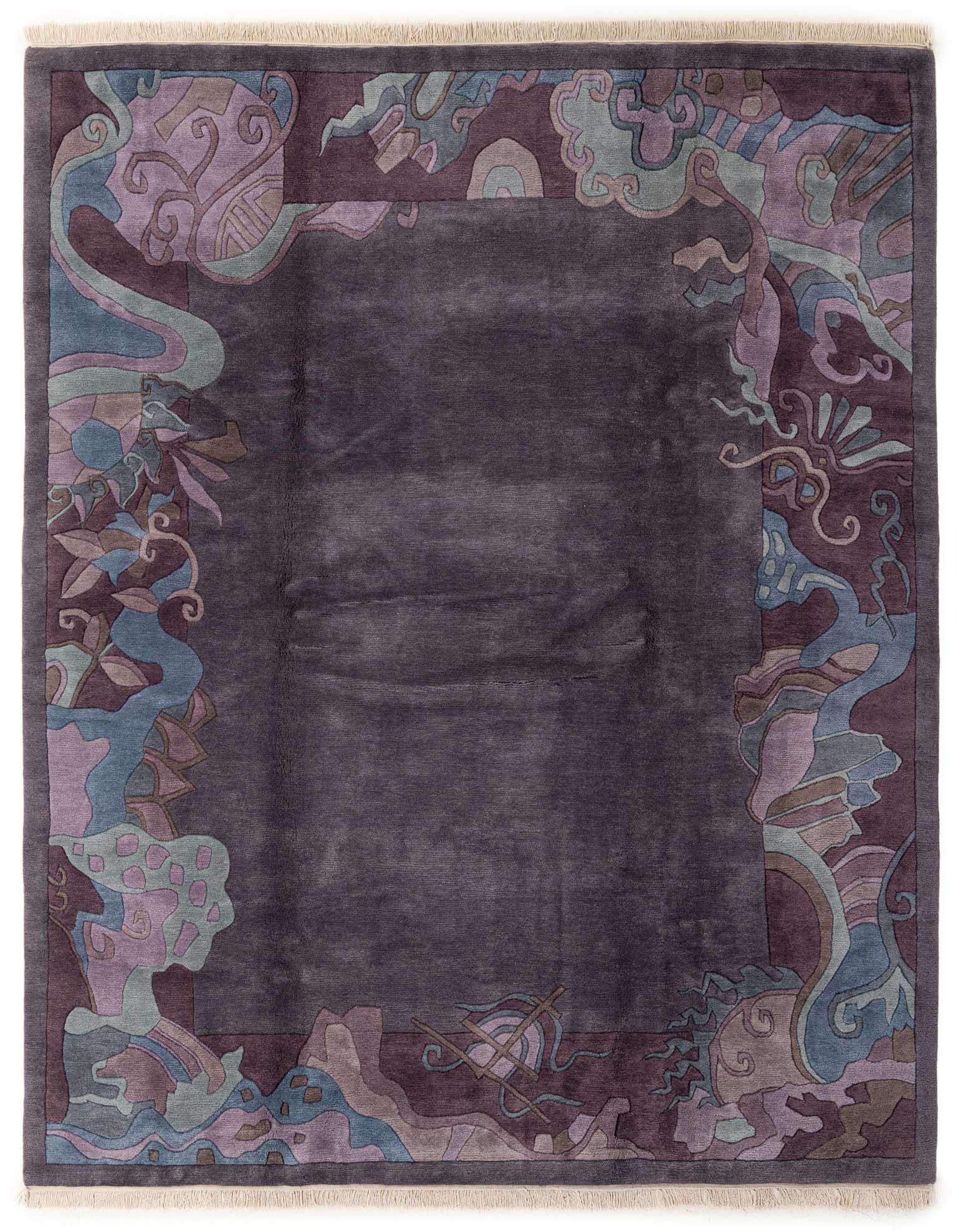 A 6x9 rectangular purple wool rug with a modern oriental abstract border in shades of lavender, blue, and teal.