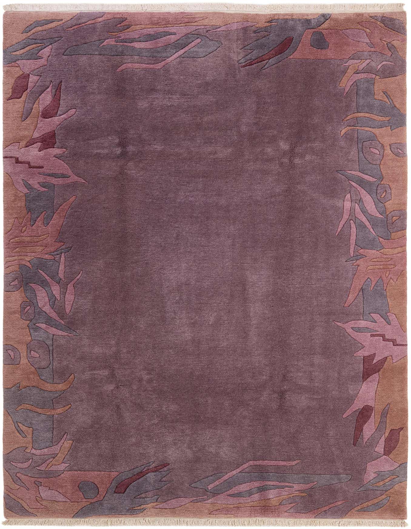A 6x9 rectangular purple wool rug with an abstract, modern border in shades of pink, grey, and brown, featuring organic shapes.