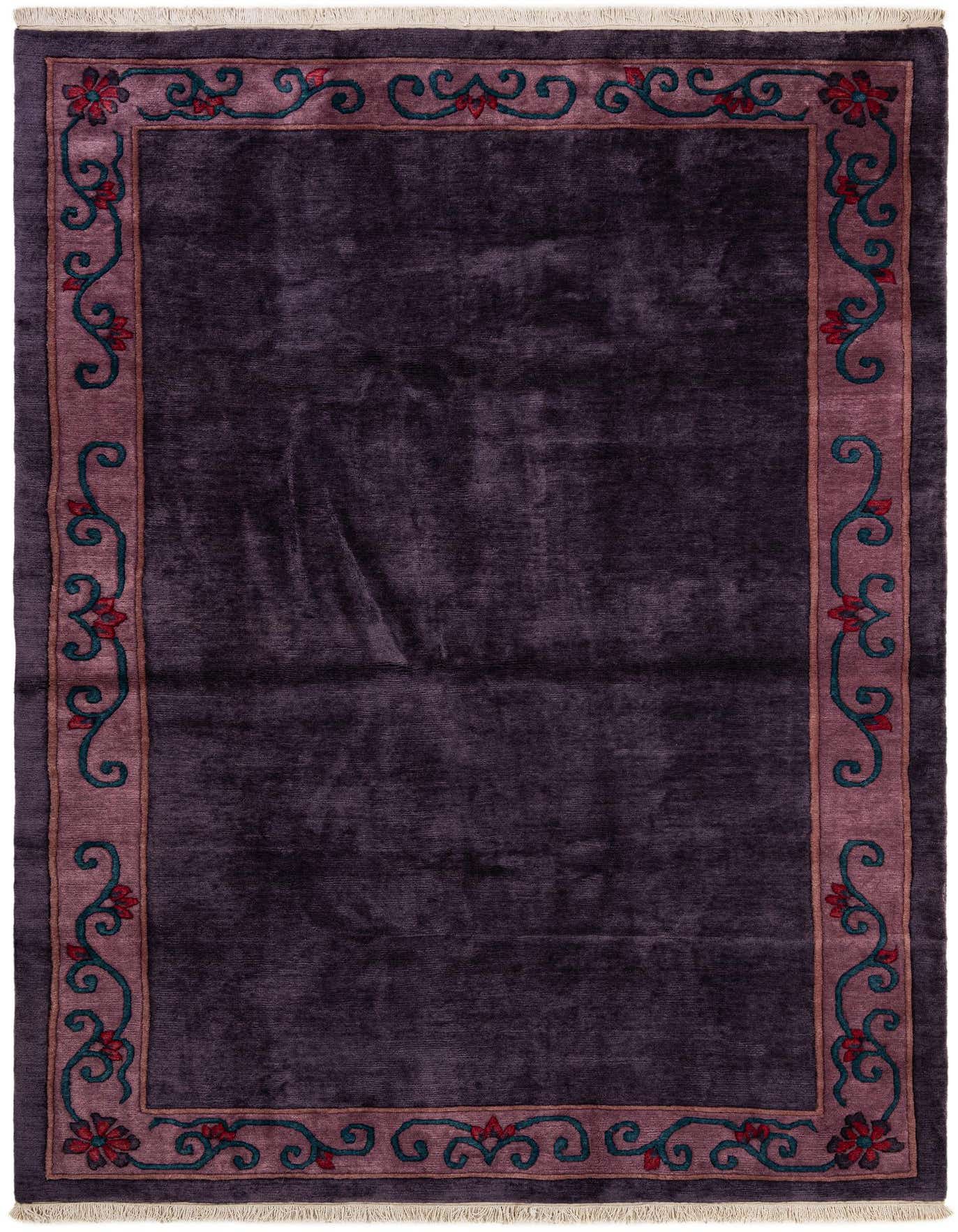 A 7x10 rectangular purple wool rug with a medium pile, featuring an ornate oriental border with red flowers and green vines.