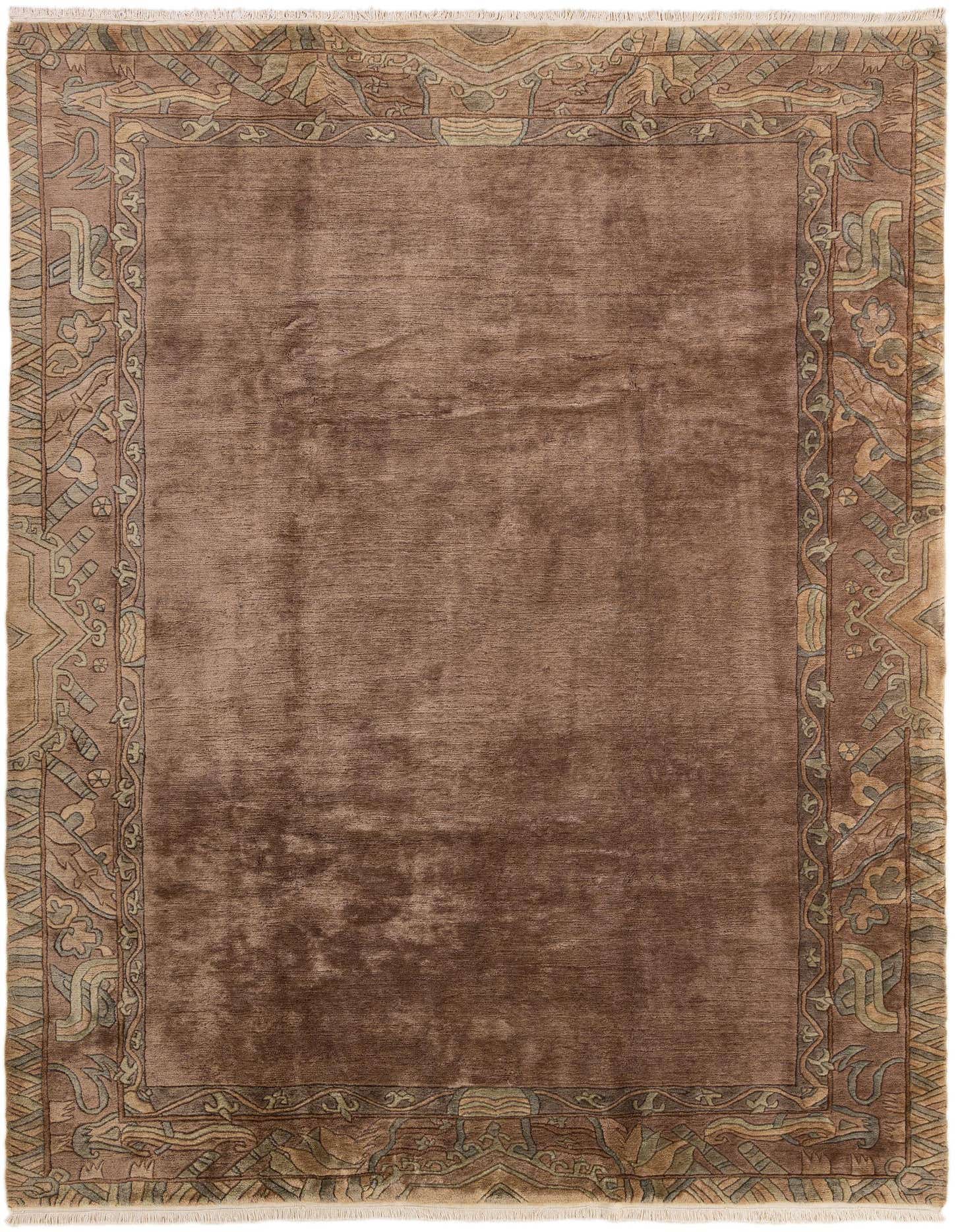 A rectangular 8x11 Tibet Collection wool rug featuring a solid purple field with an intricate modern oriental border.