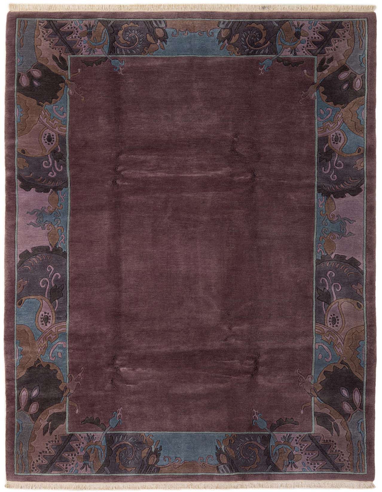 7x10 rectangular purple wool rug with a wide border featuring modern oriental patterns in teal, brown, and lavender.