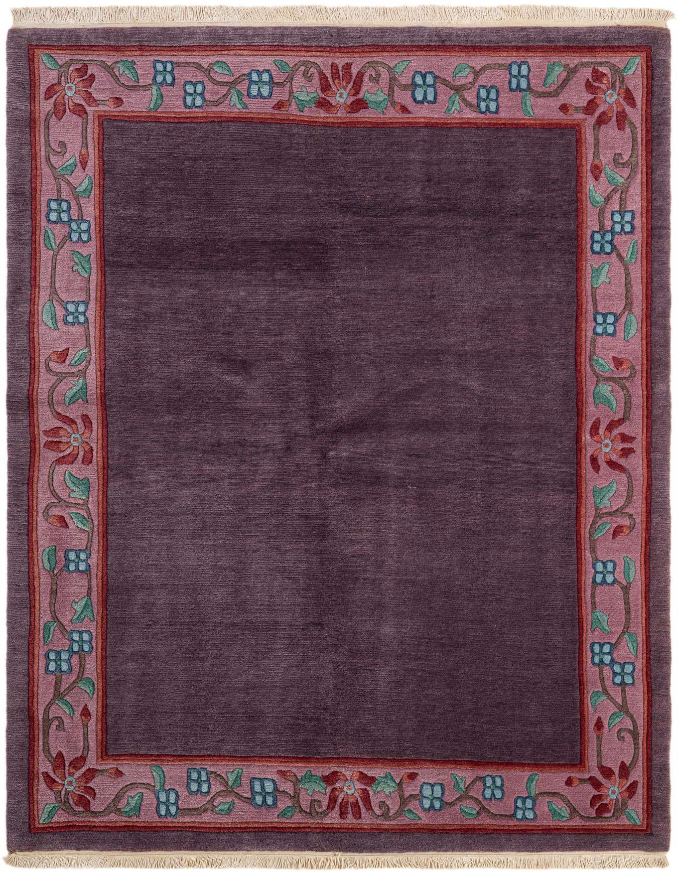 A 5x8 rectangular purple wool rug with a pink border featuring an oriental floral pattern of blue and red flowers and green leaves.