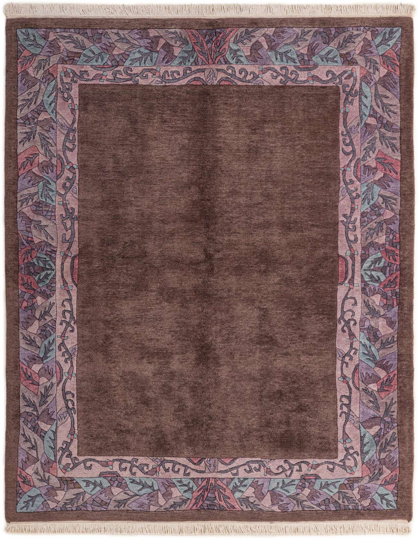 A 5x7 rectangular purple wool rug with a medium pile, featuring an intricate oriental border pattern.