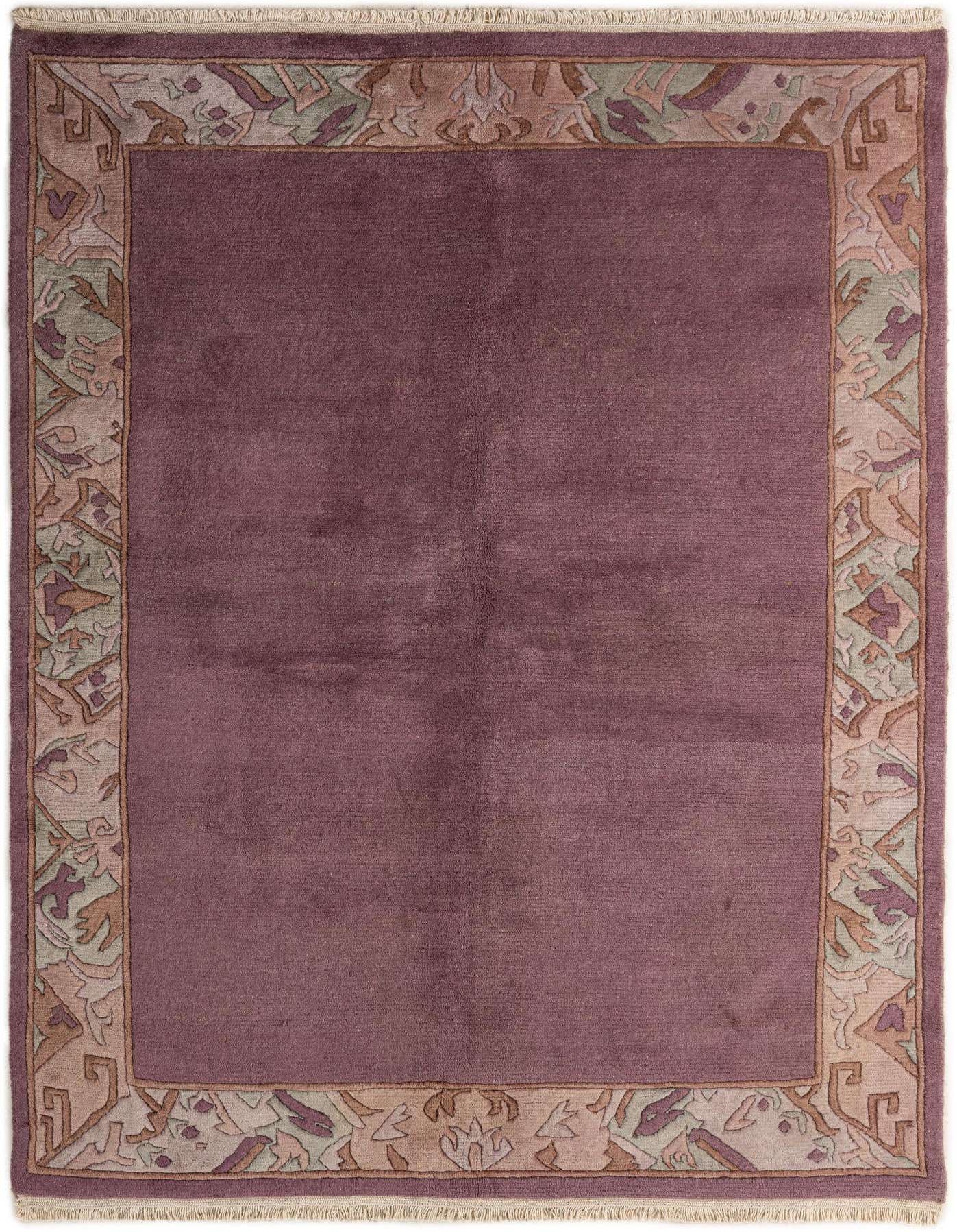 A 5x8 rectangular purple wool rug with a medium pile, featuring an ornate oriental border in muted greens, pinks, and browns, suitable for a living room.