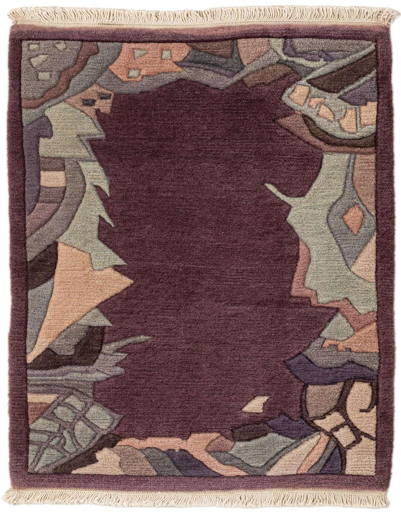 A 2x3 rectangular purple wool rug with an abstract, modern border in shades of grey, brown, and peach, and cream fringes.