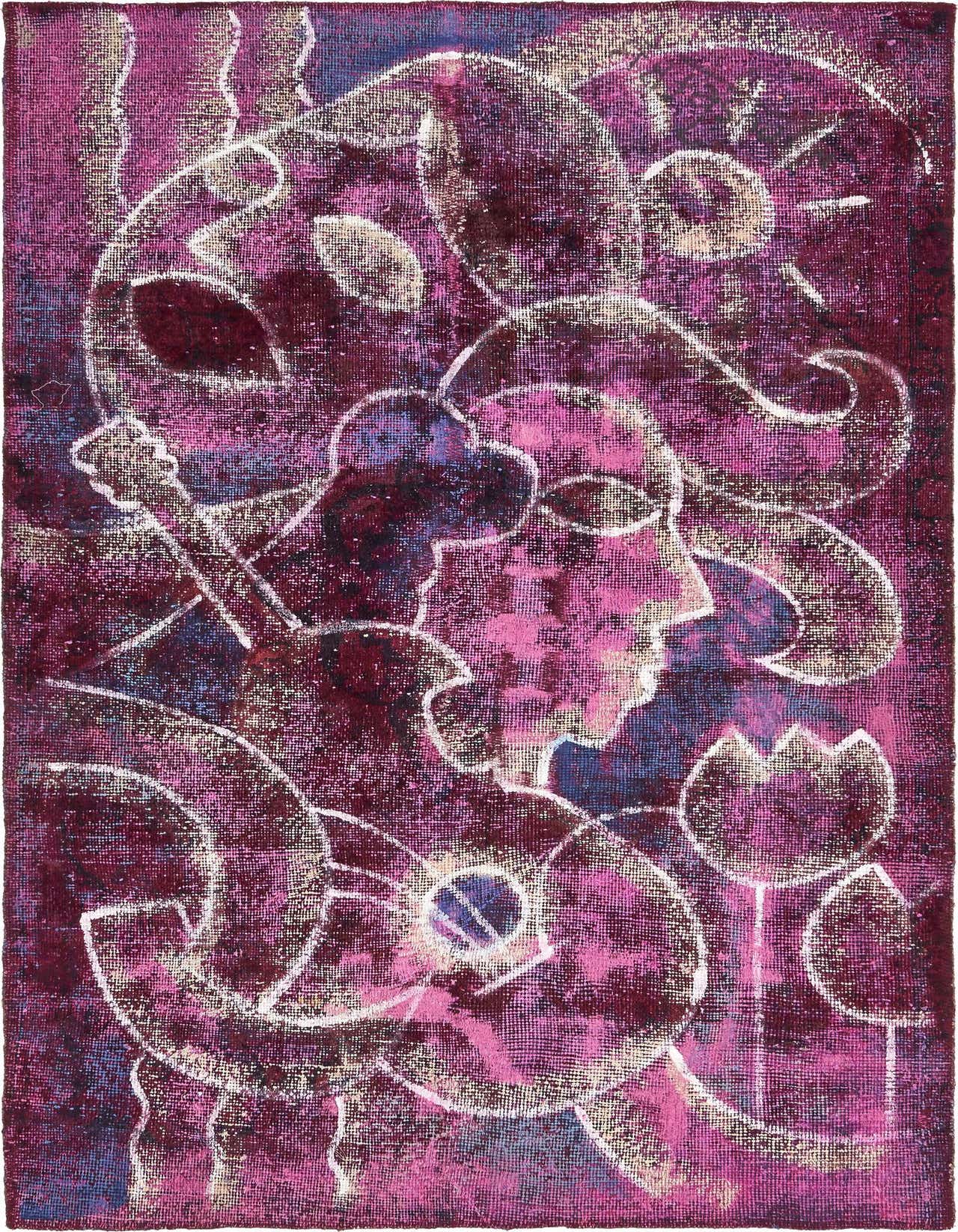 A 4x6 rectangular Ultra Vintage wool rug featuring a distressed purple background with abstract white botanical and floral patterns, suitable for a living room.