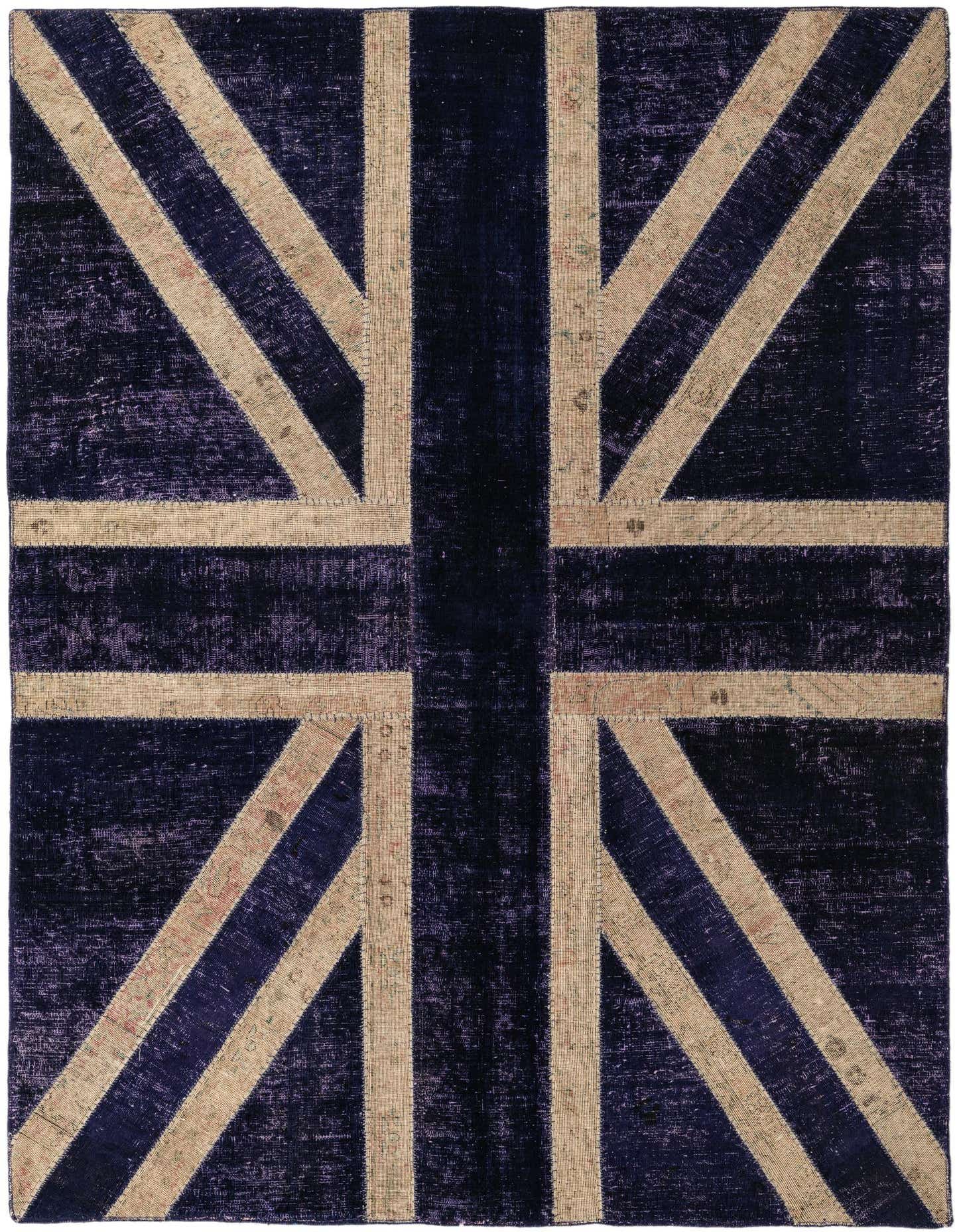A 5x8 rectangular Ultra Vintage rug featuring a distressed purple background with a faded beige Union Jack flag pattern.