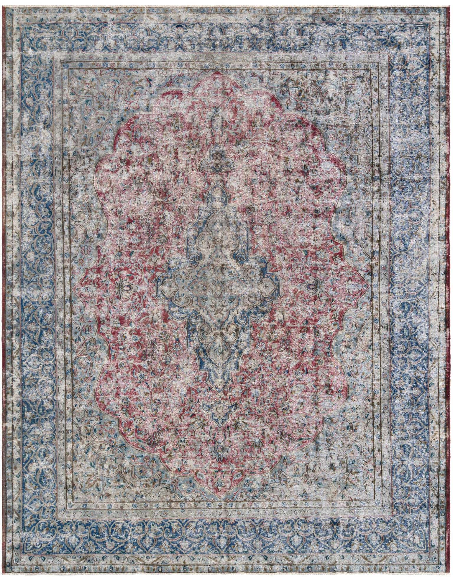 A 10x13 rectangular Persian rug in faded purple and blue tones with an ornate medallion pattern.
