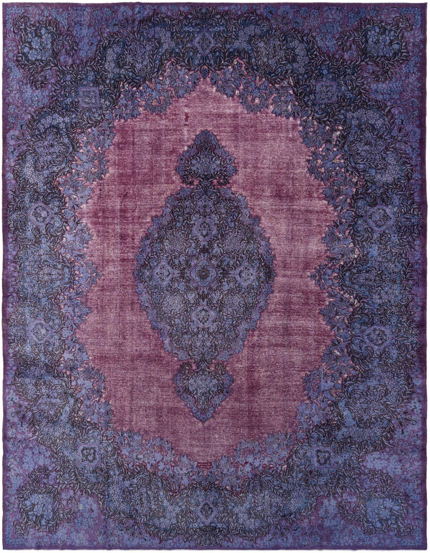 A 9x12 rectangular purple wool rug with a distressed traditional medallion pattern, ideal for a living room.