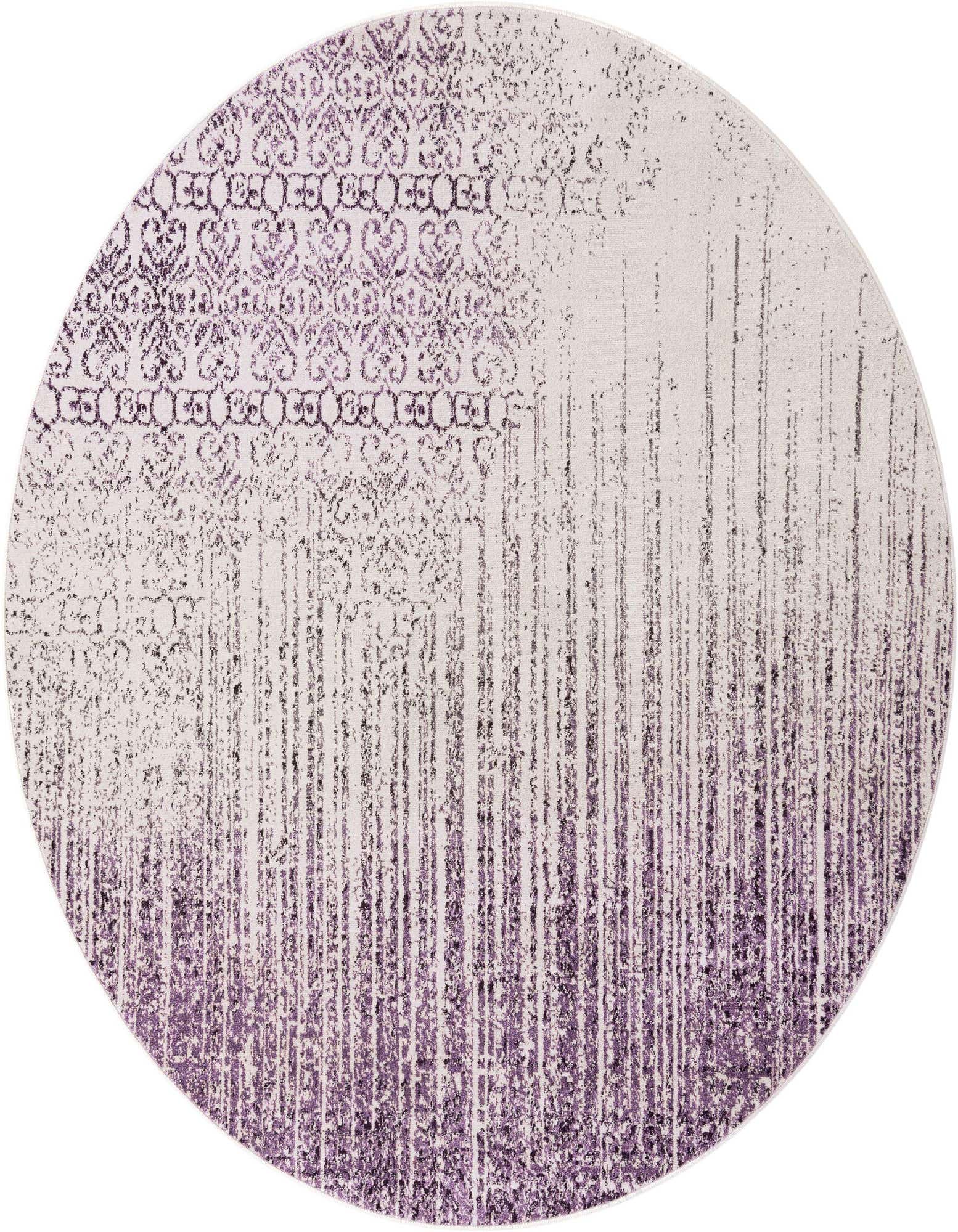 A 7' 10 x 7' 10 round purple and white transitional rug with an abstract distressed pattern.