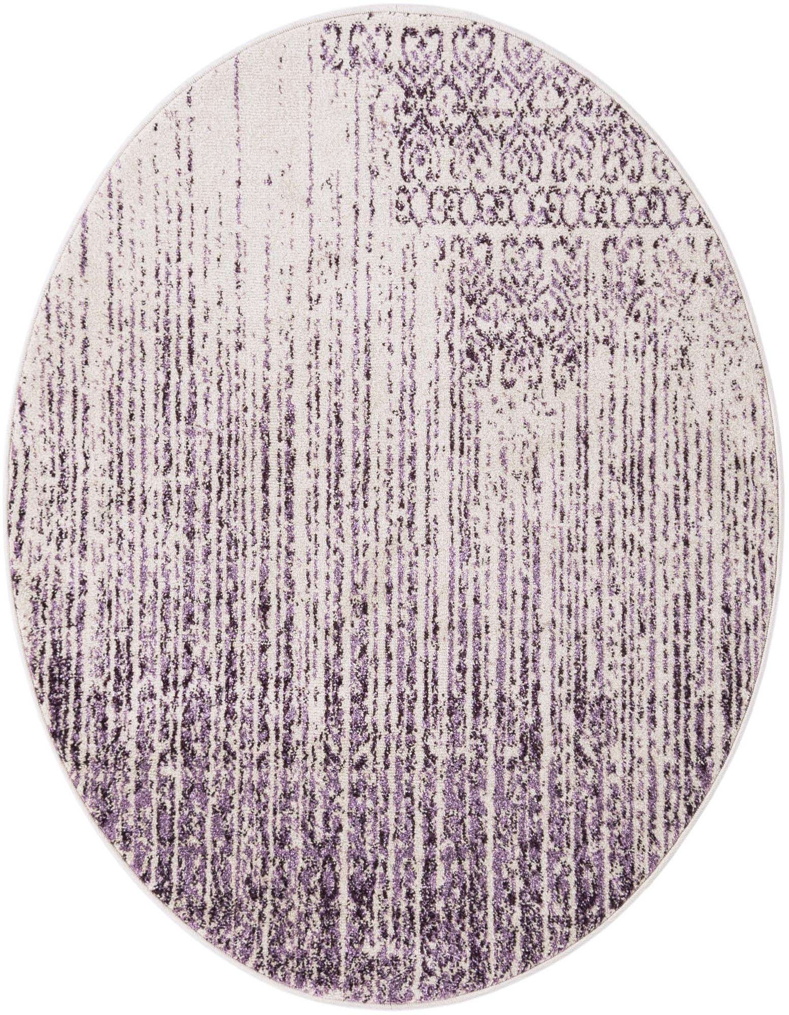 A 4' round purple and white transitional rug with an abstract design featuring vertical stripes and ornate patterns.