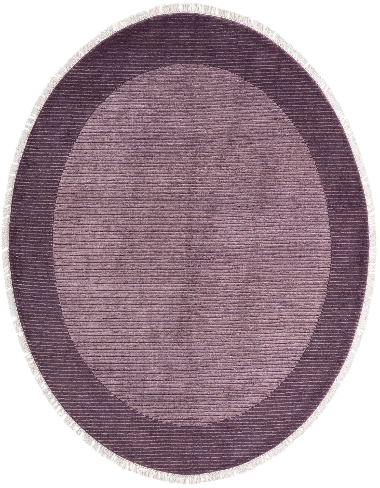 A 6' 5 x 6' 5 round purple wool rug with a modern oriental design and white fringe.