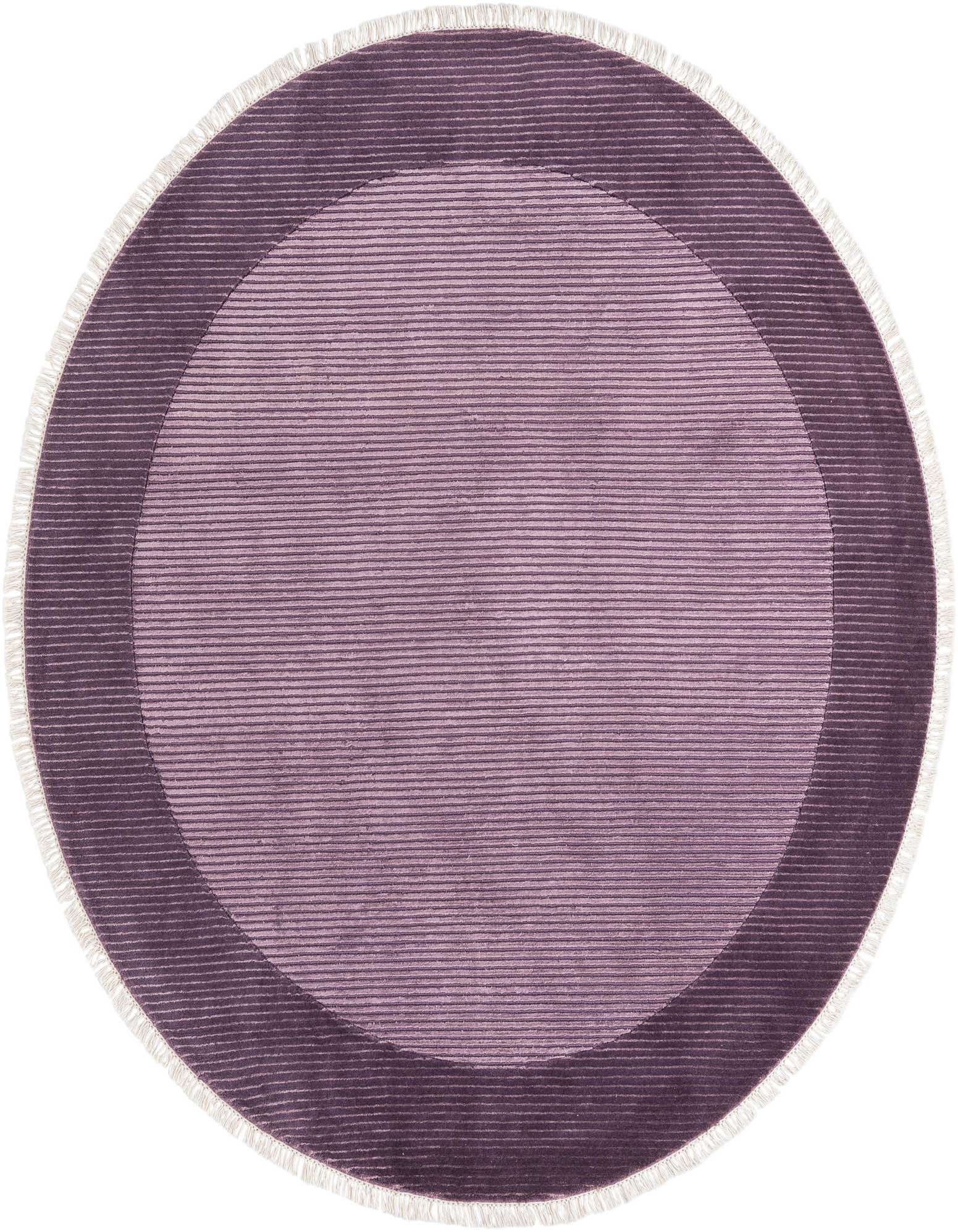 A 6' 6 x 6' 6 round purple modern wool rug with a subtle striped pattern and white fringe.