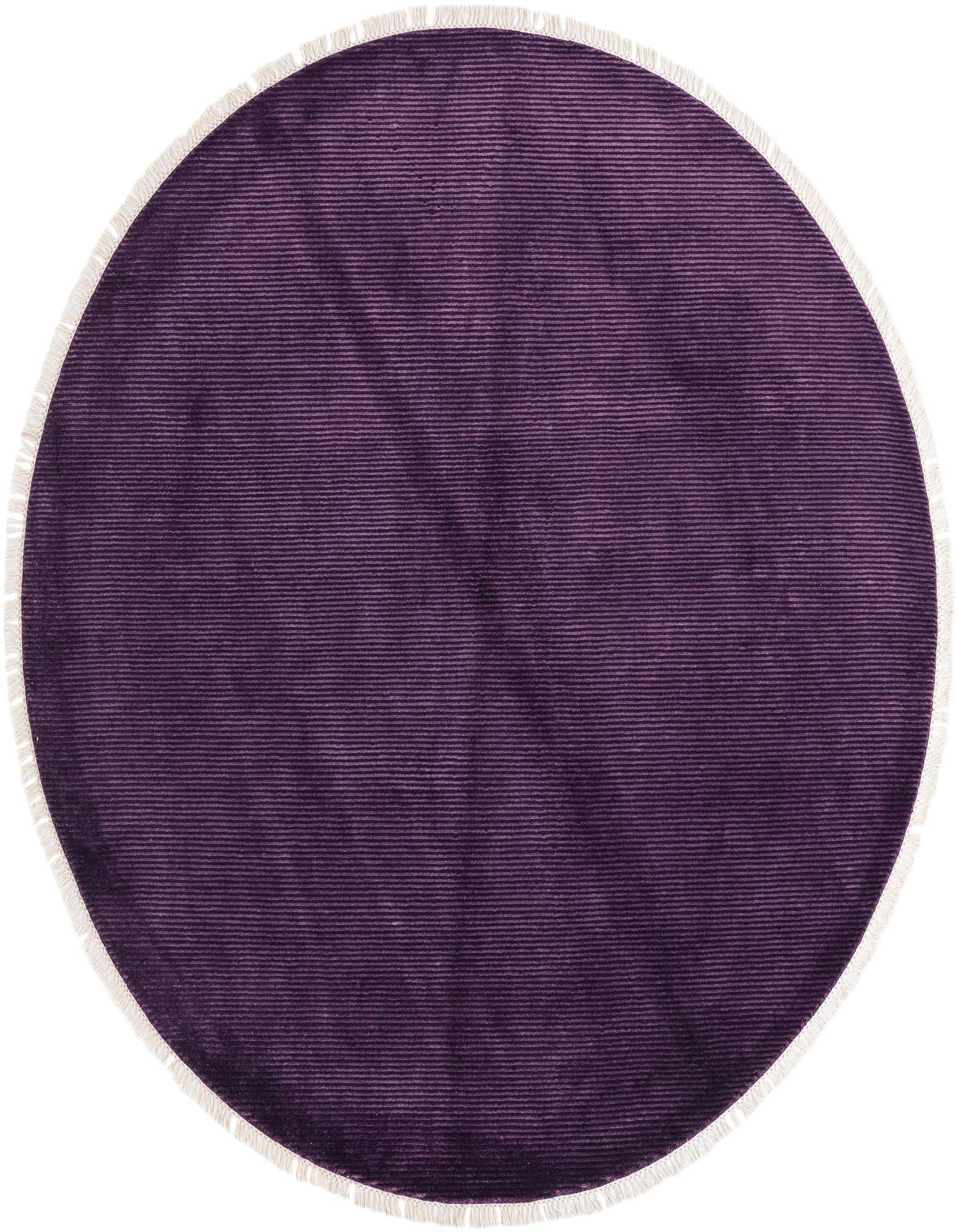A 6' 6 x 6' 6 round purple wool rug with a subtle ribbed texture and white fringe, suitable for a modern living space.