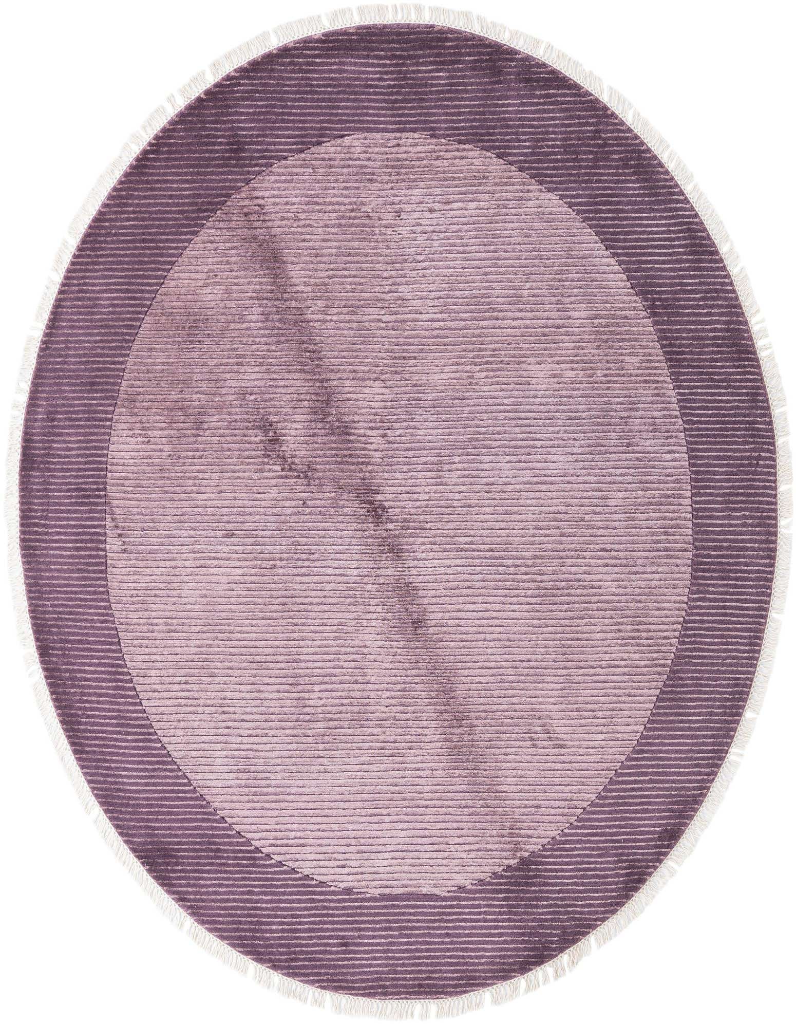 A 6' 6 x 6' 6 round purple wool rug with a modern oriental pattern, featuring a lighter purple center and a darker striped border, finished with white fringe.