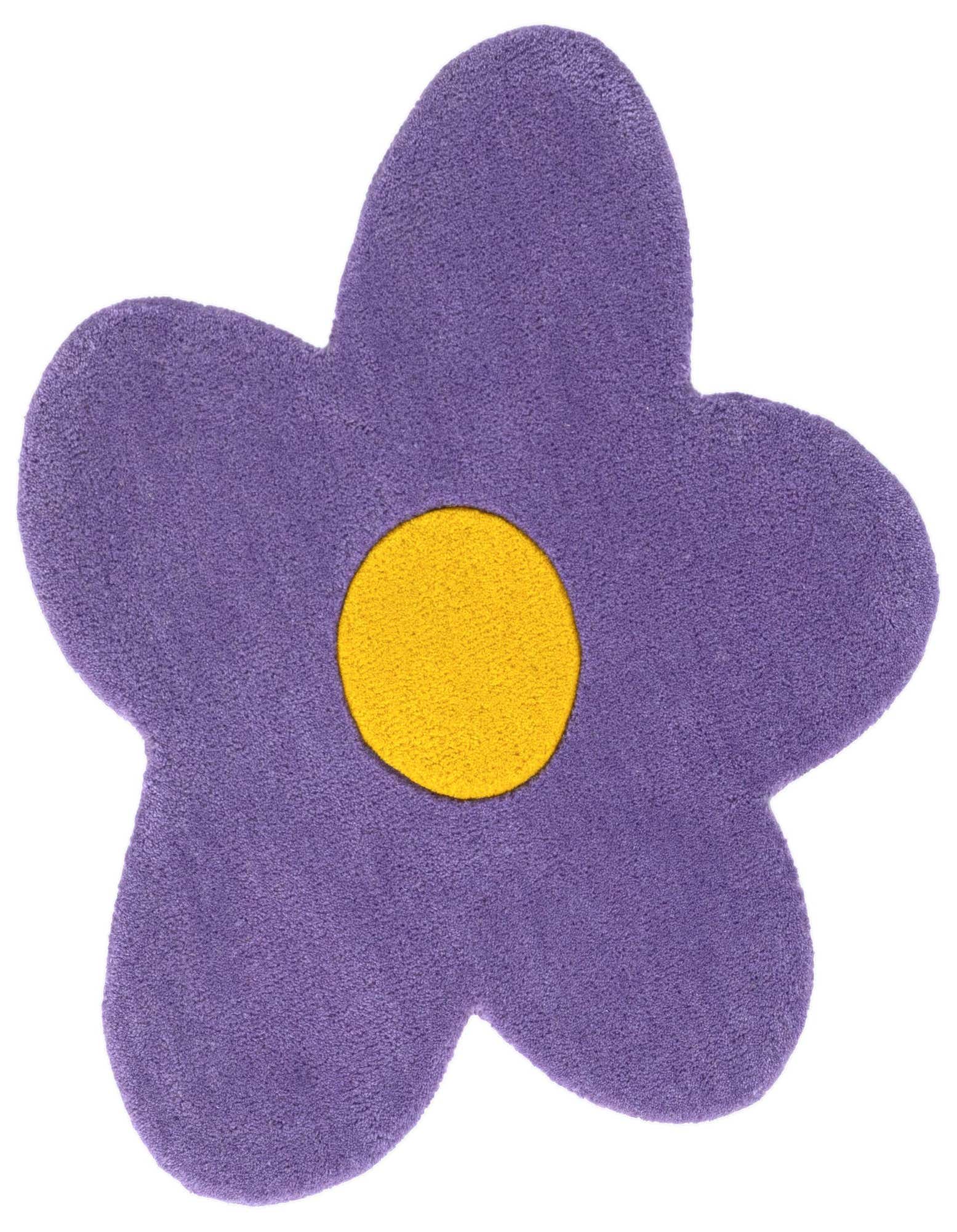 A vibrant purple flower-shaped rug with a bright yellow center, made of high pile wool, perfect for a playful room.
