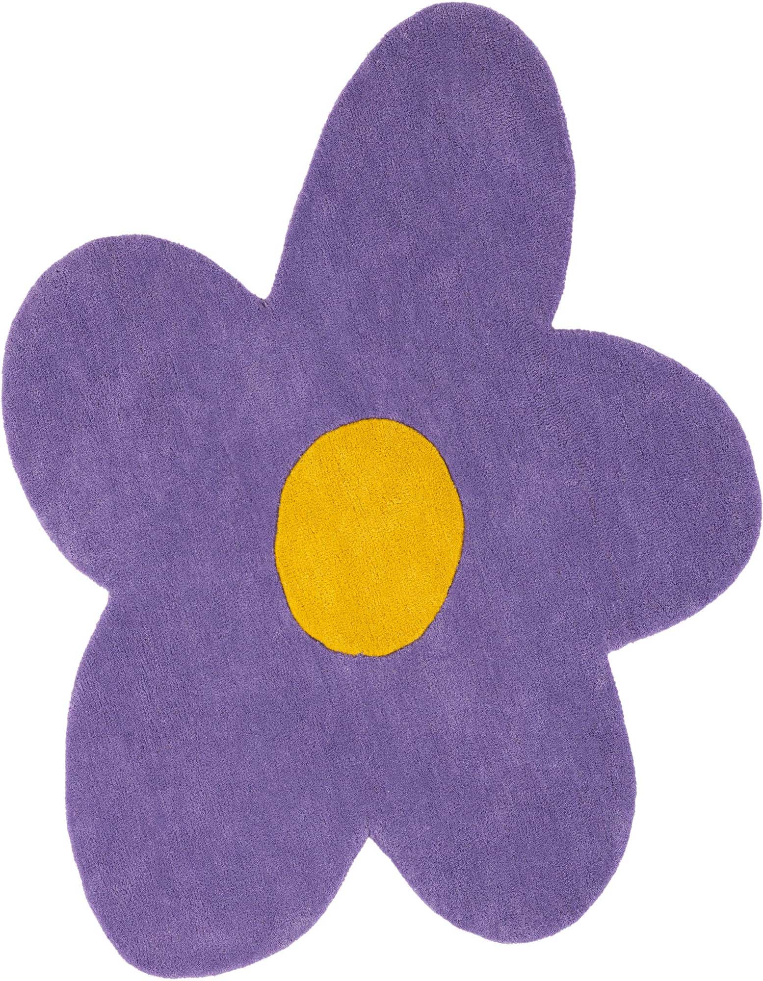 A 4'1" round purple flower-shaped rug with a bright yellow center, made of high-pile wool.