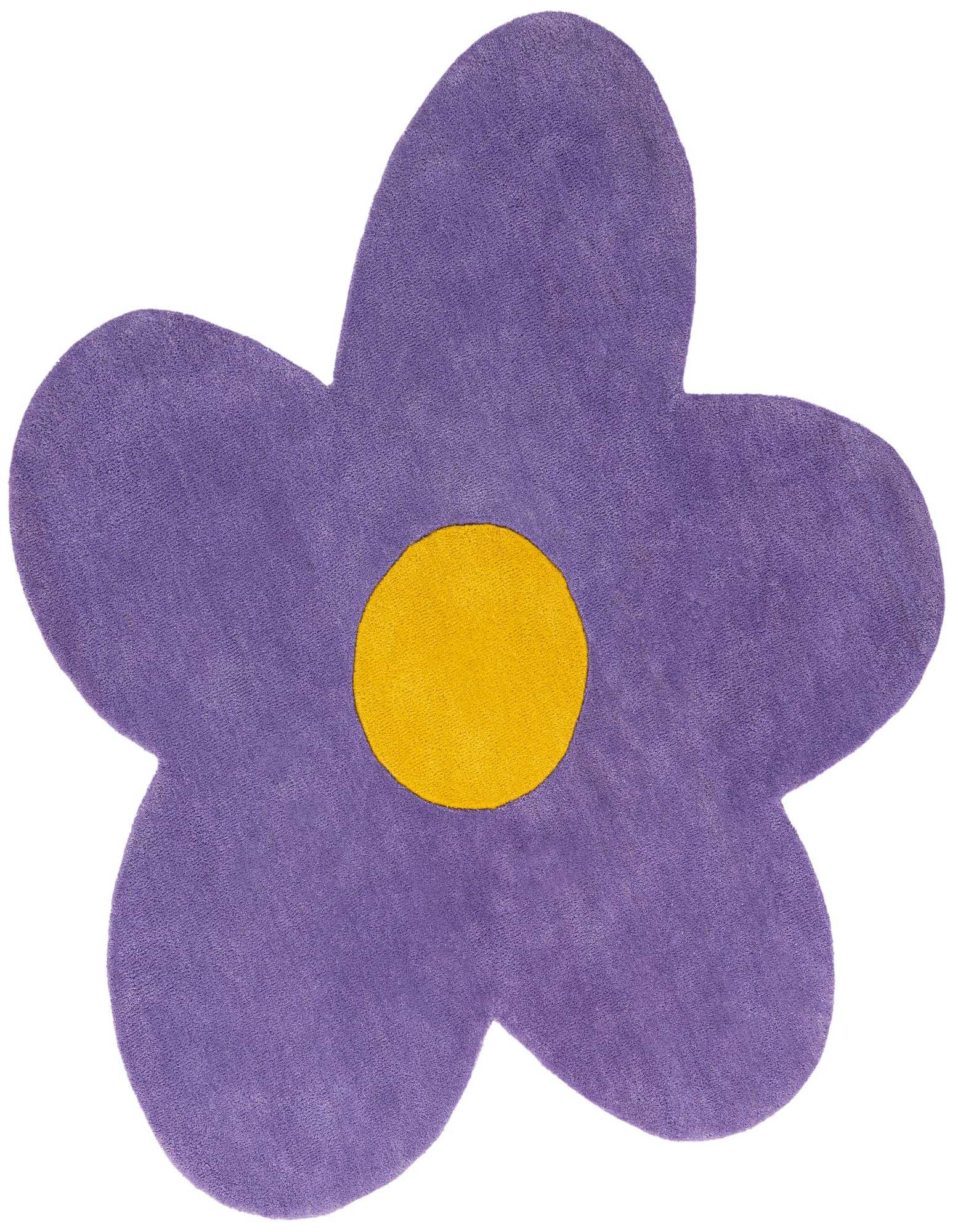 A 5'1" round purple floral rug with a yellow center, featuring a high, textured wool pile.