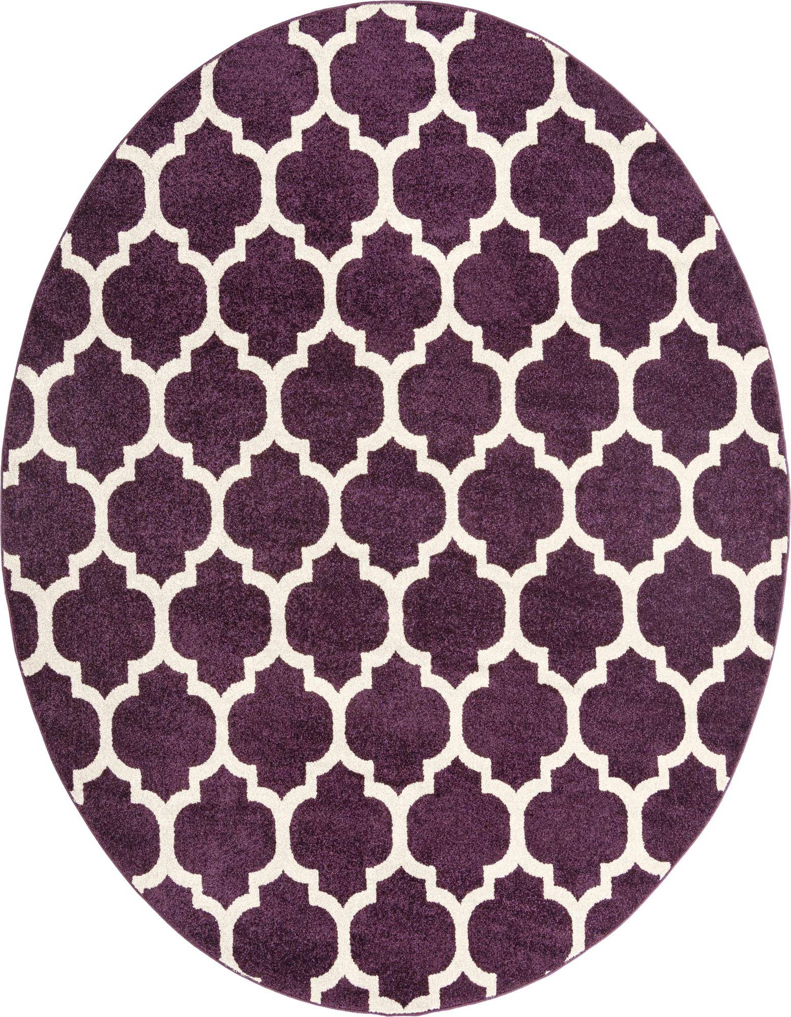 A round 8' purple area rug with a repeating white modern trellis pattern, suitable for indoor spaces.