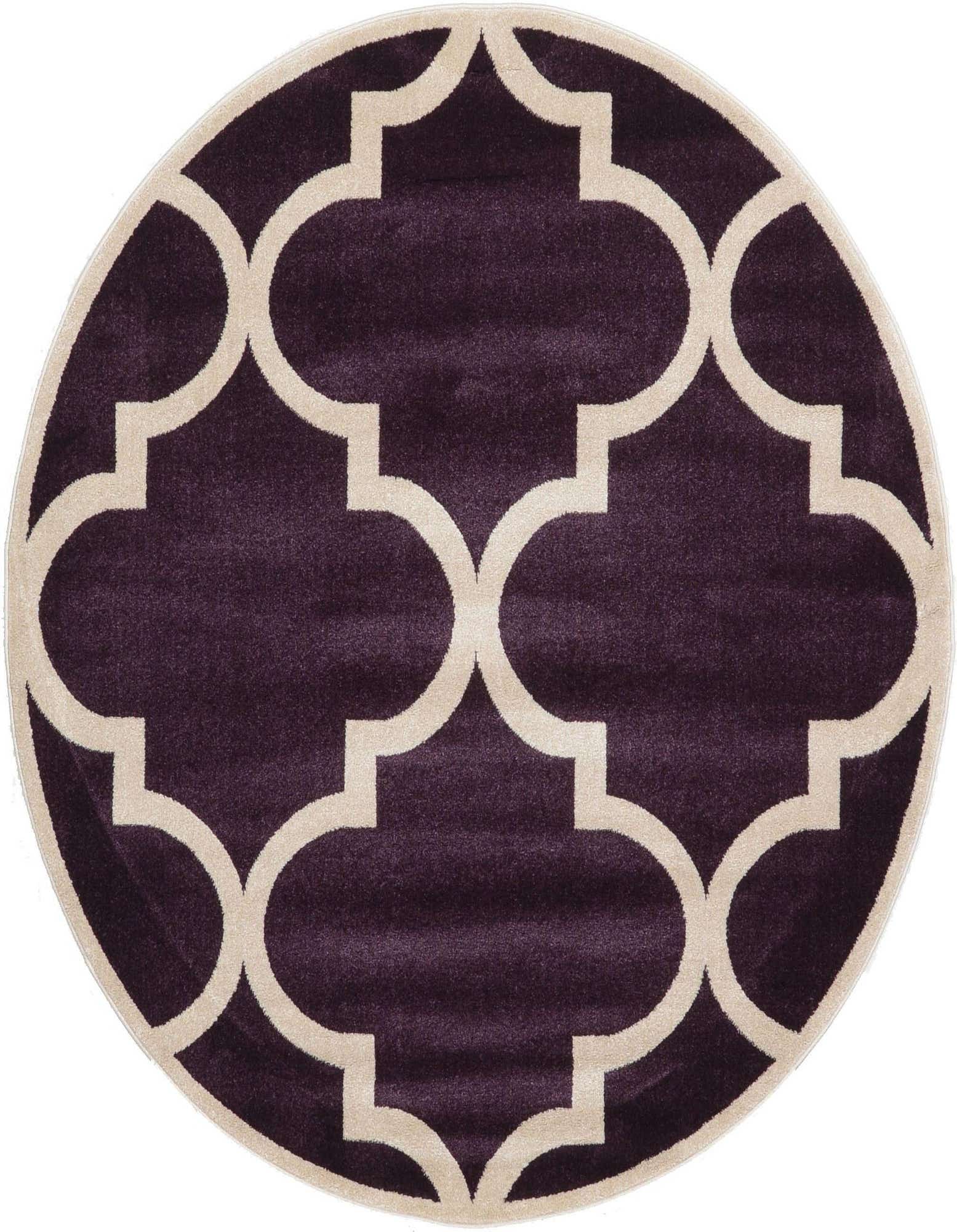 A 6' 0 x 6' 0 round purple rug with a cream modern trellis pattern, suitable for indoor spaces.