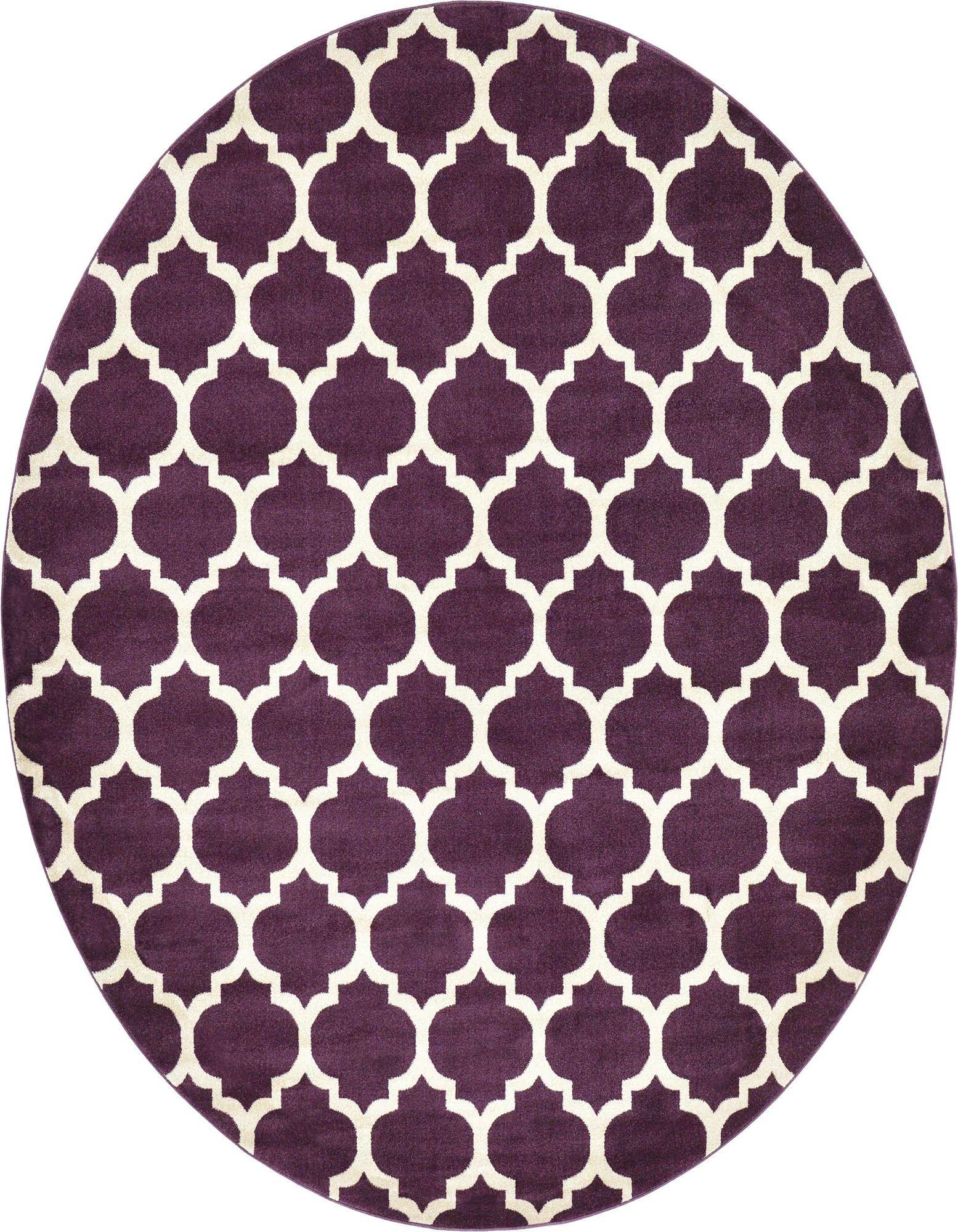 A 10-foot round purple area rug featuring a repeating cream trellis pattern, suitable for a living room.