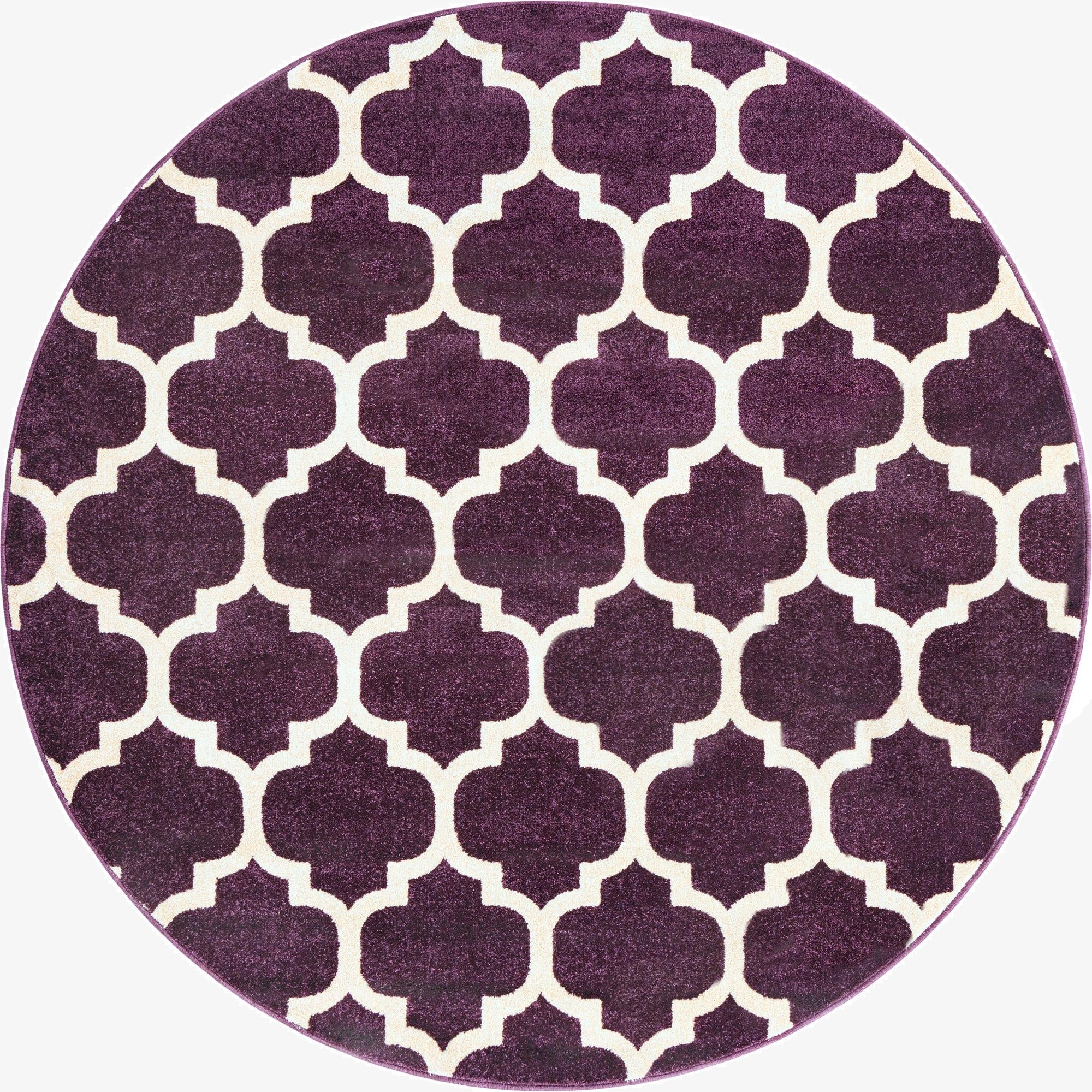 A 6' round purple area rug featuring a repeating white modern trellis pattern, suitable for indoor spaces.
