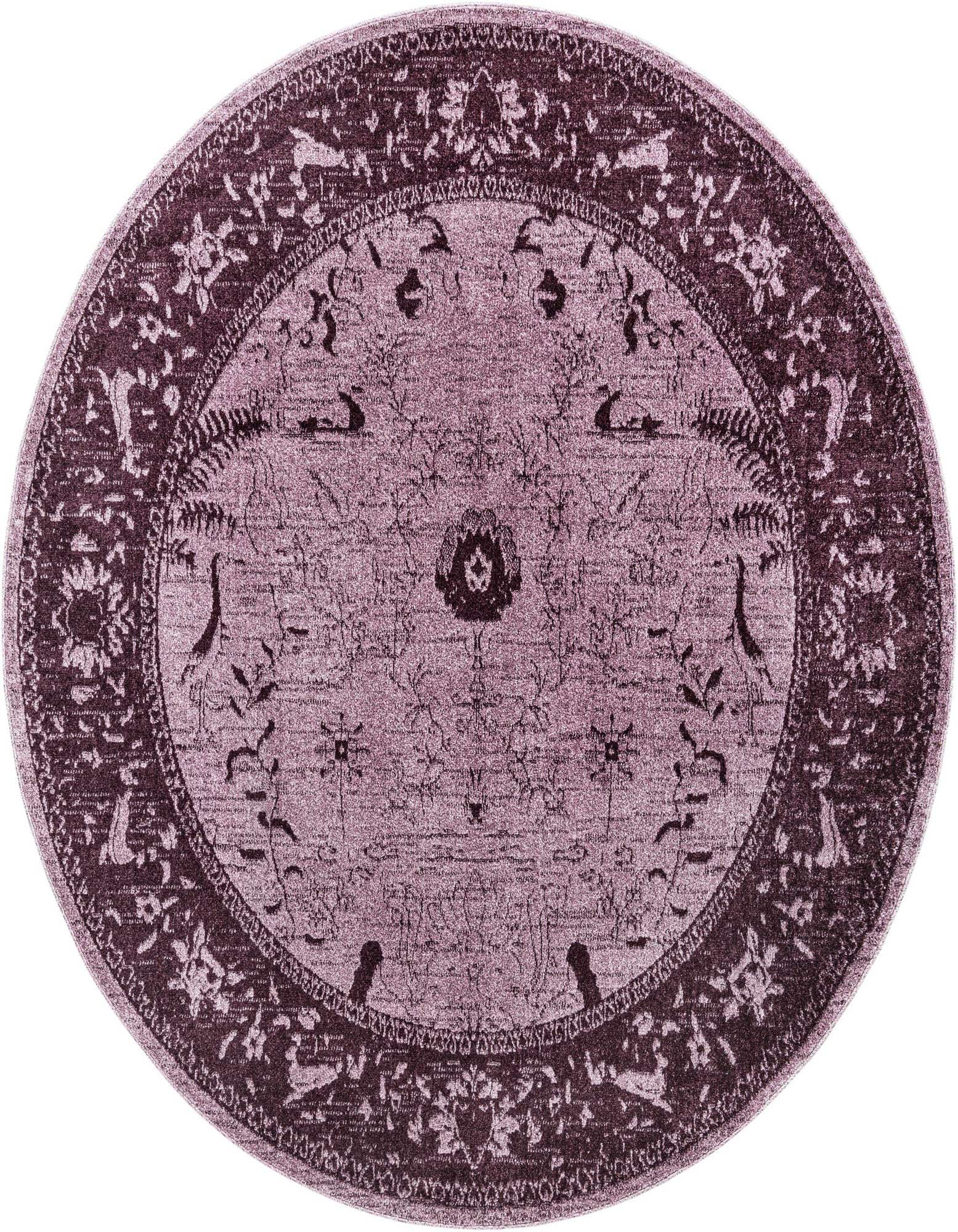 A 7' 10 round purple area rug with a traditional botanical pattern and a distressed look.