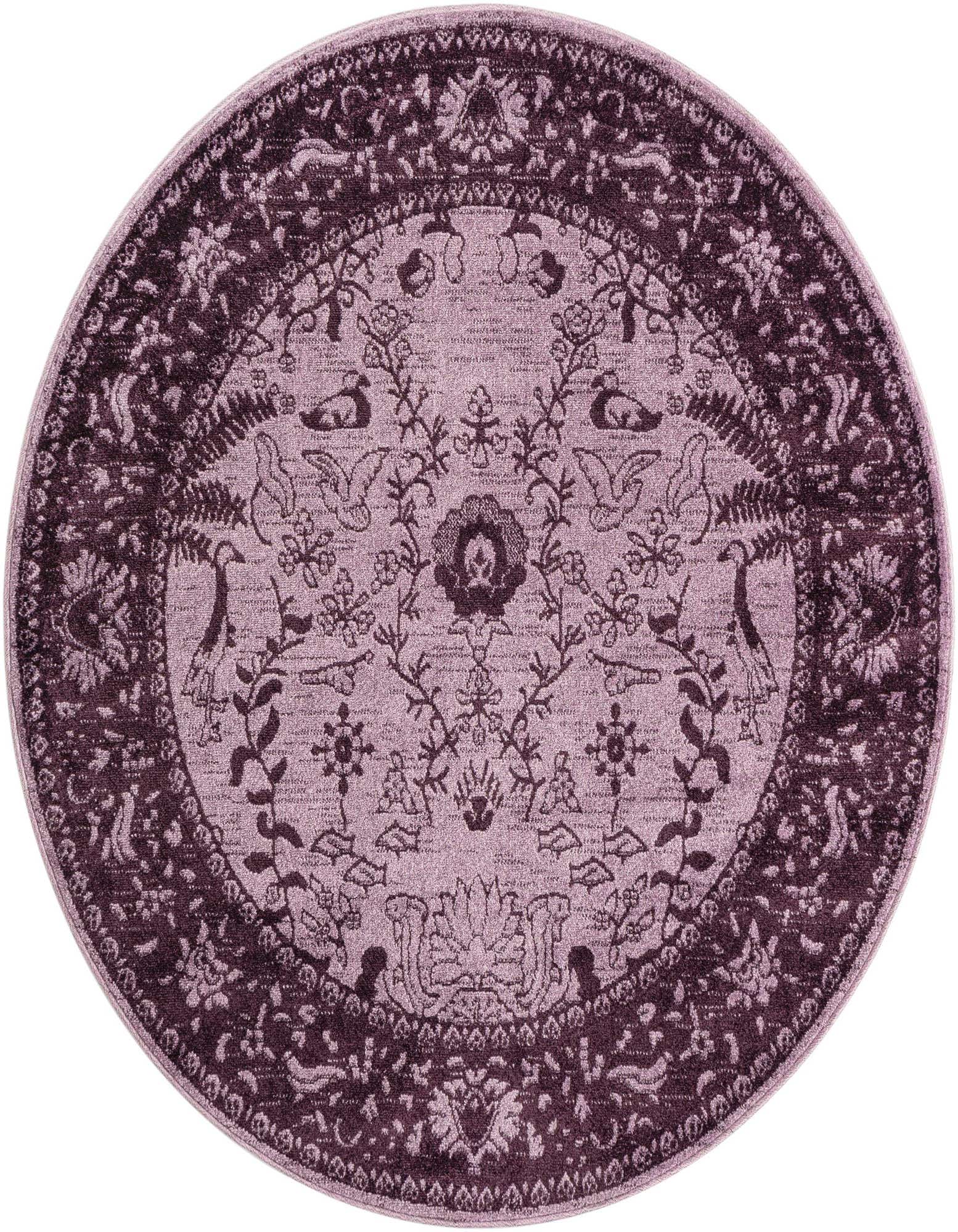 A 6' 0 round purple area rug featuring a traditional botanical pattern with birds and flowers, ideal for indoor spaces.