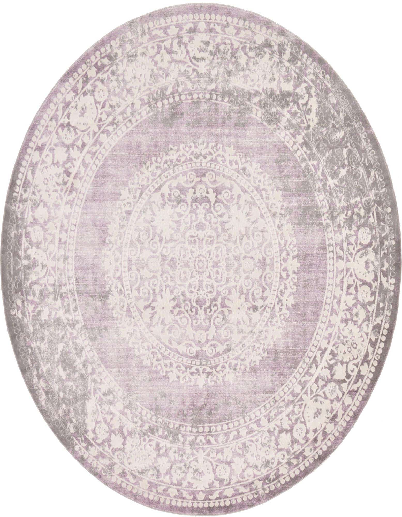 A round 8' purple and gray medallion rug with a distressed traditional pattern, suitable for a living room or bedroom.
