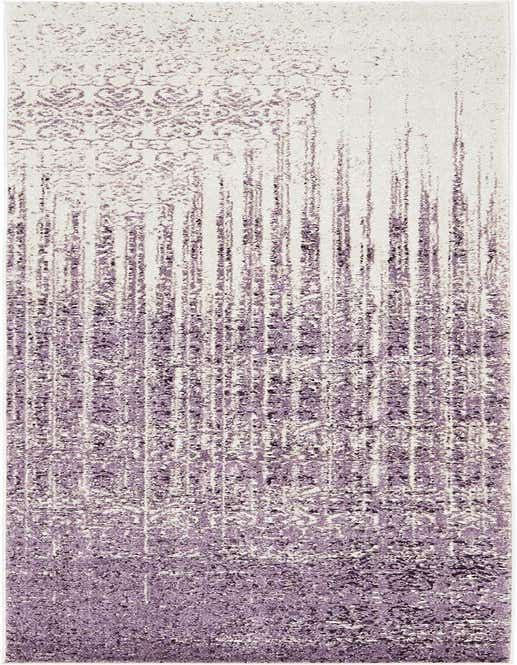 A 10 ft runner rug in shades of purple and white, featuring a transitional abstract pattern with faded vertical stripes and subtle medallions, ideal for a hallway.