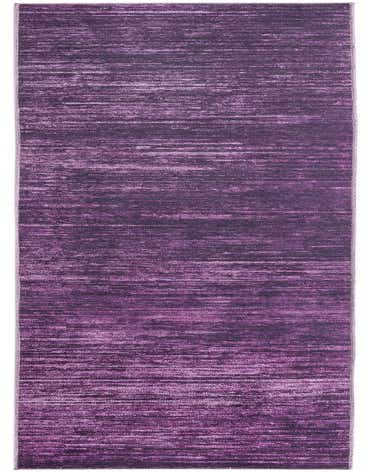A long 14 ft purple chenille runner rug with a modern stripe pattern and textured pile, ideal for a hallway.