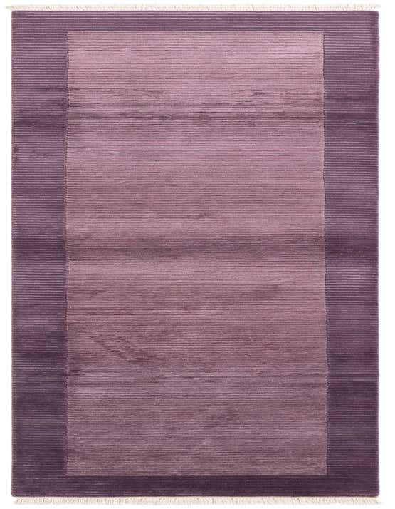 A 10 ft Darya runner rug in varying shades of purple, featuring horizontal stripes and a darker border, with fringe.