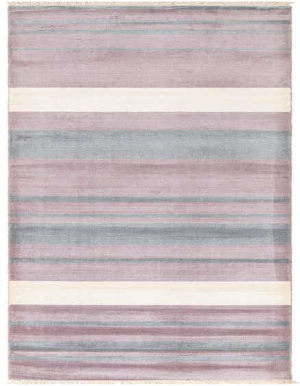 A handmade 13 ft runner rug from the Darya collection featuring wide stripes in varying shades of purple and gray, with a high pile and fringe ends.