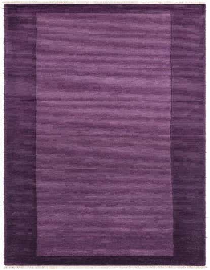A long, rectangular 13 ft runner rug in varying shades of purple, featuring a modern striped pattern and short white fringes.