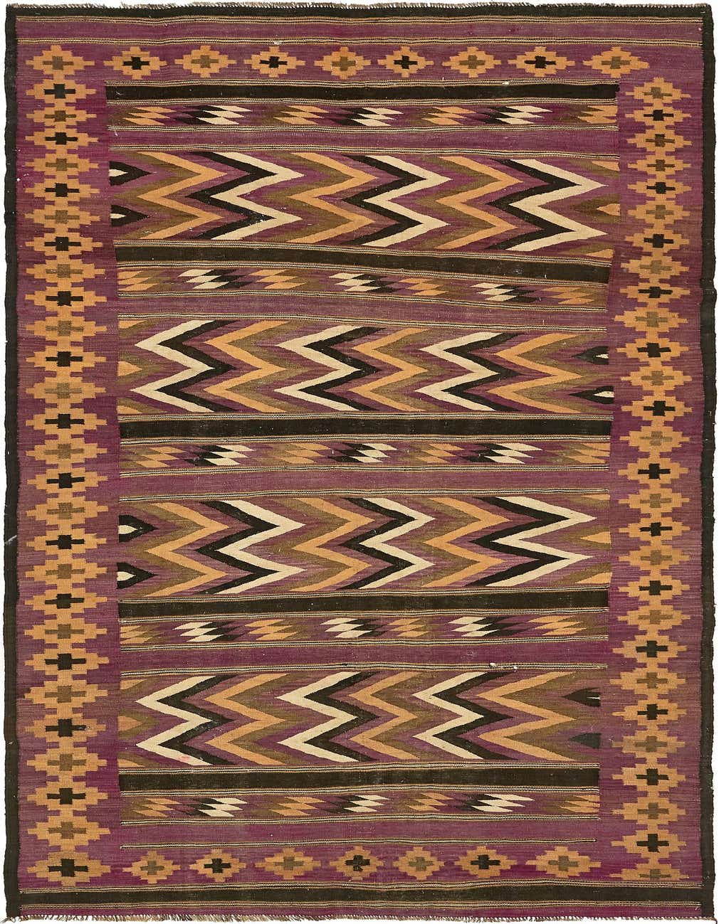 A 13 ft runner rug with a flatweave texture, featuring a tribal pattern in shades of purple, black, and tan.