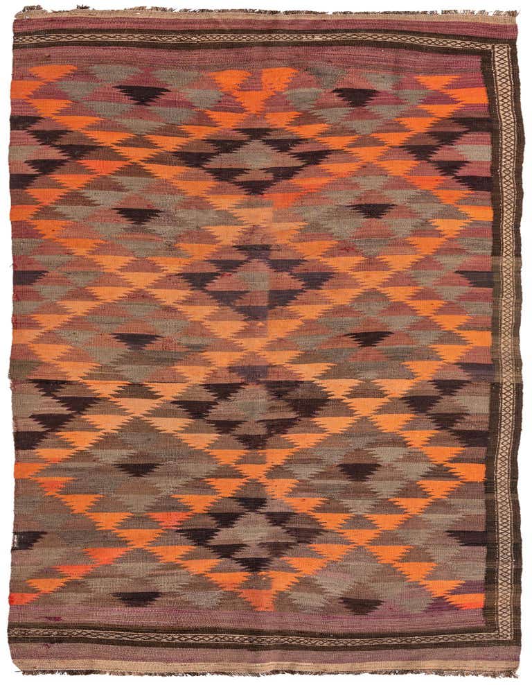 A 11 ft runner rug featuring a vibrant geometric pattern in shades of purple, orange, brown, and grey, ideal for a hallway.