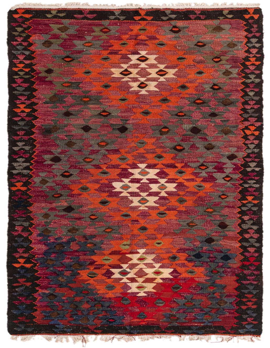 A handmade 8 ft runner rug featuring a vibrant tribal Persian pattern in purples, oranges, and reds with a central medallion design, ideal for a hallway or kitchen.