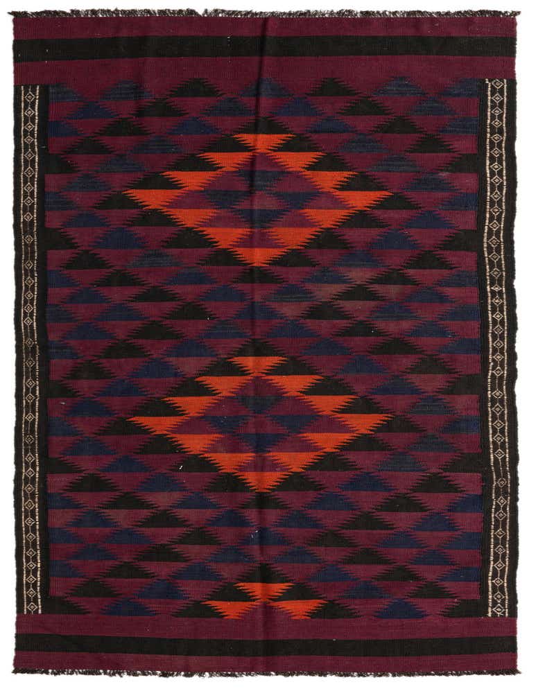 A 12 ft runner rug from the Kilim Fars collection, featuring a flatweave with a tribal pattern in purples, black, and orange.