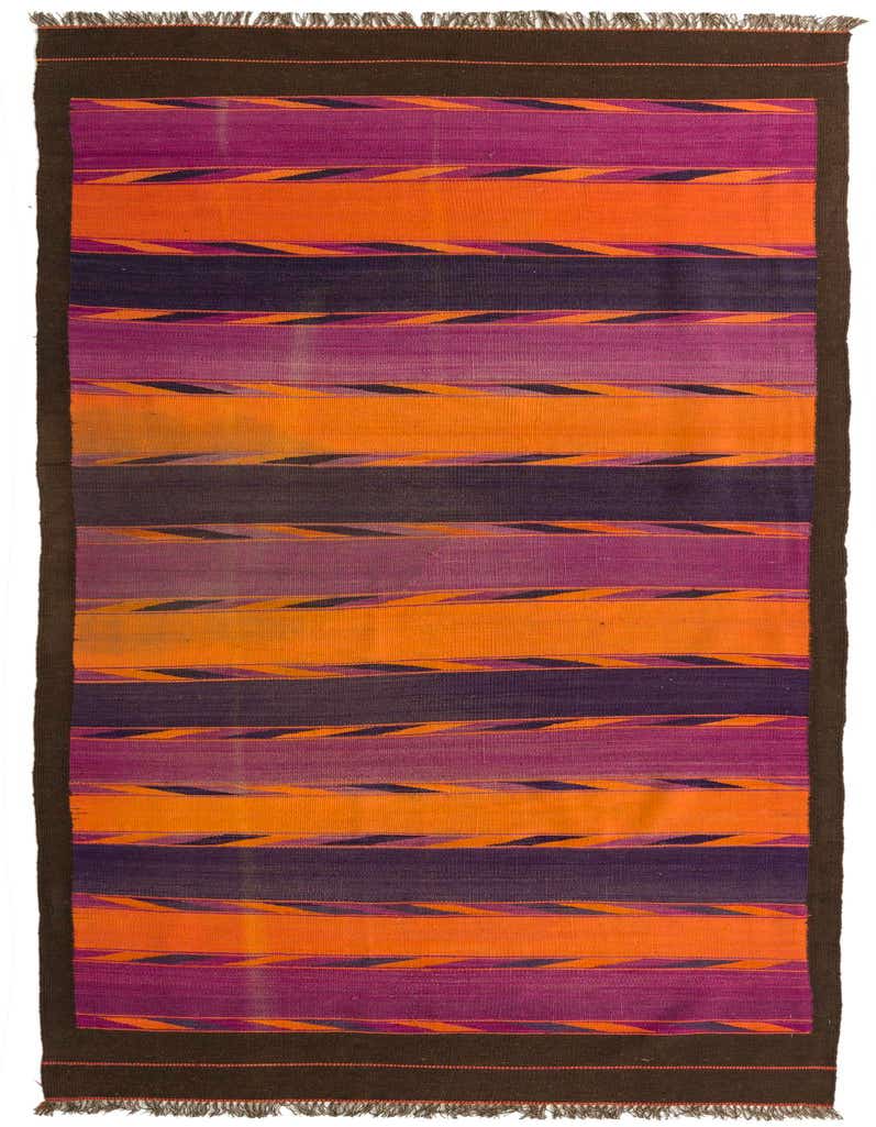 A 12 ft runner rug featuring bold horizontal stripes in varying shades of purple and orange, with a dark brown border and fringe.