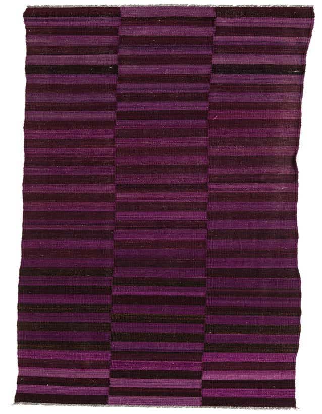 A 10 Ft Kilim Modern runner rug in varying shades of purple, featuring horizontal stripes and a flatweave texture, ideal for a hallway.
