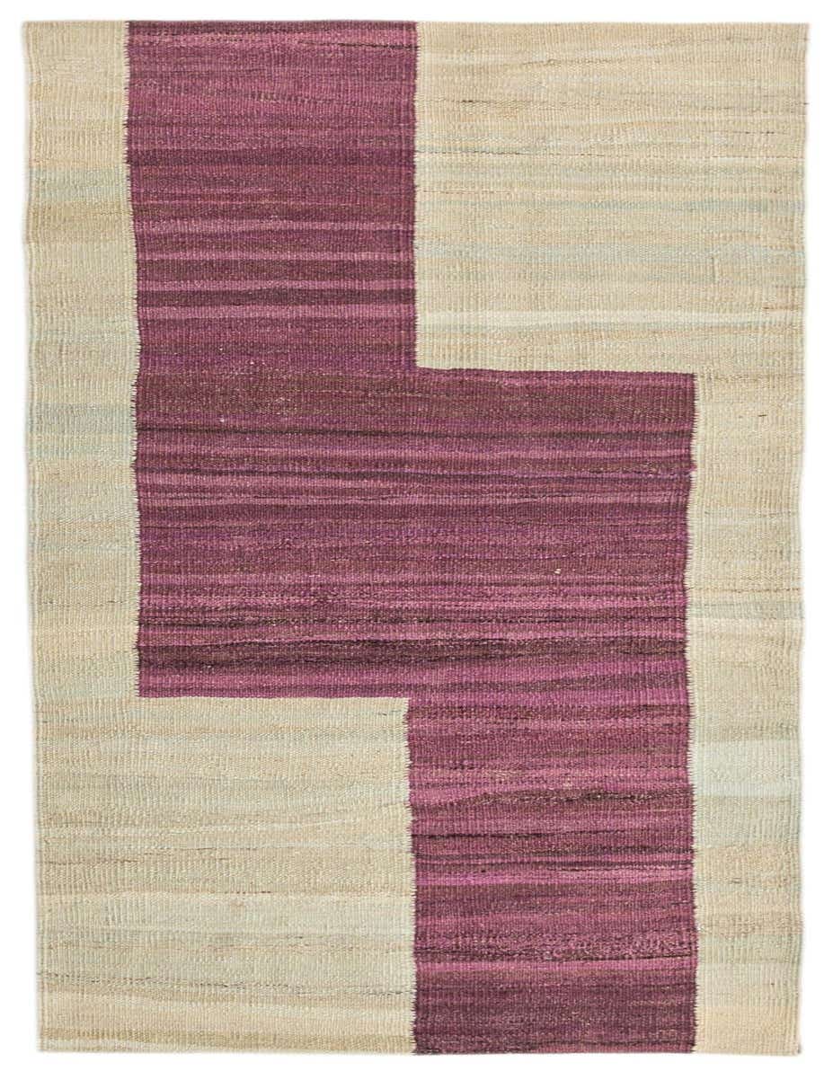 A 5 ft runner rug featuring a modern tribal design with a bold purple L-shaped block on a natural beige flatweave background.