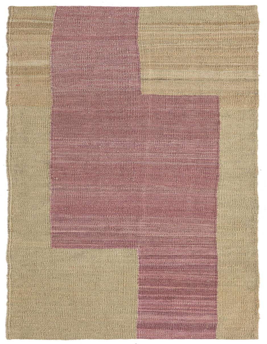 A 5 ft runner rug with a modern tribal pattern, featuring a large purple abstract block on a natural beige background.