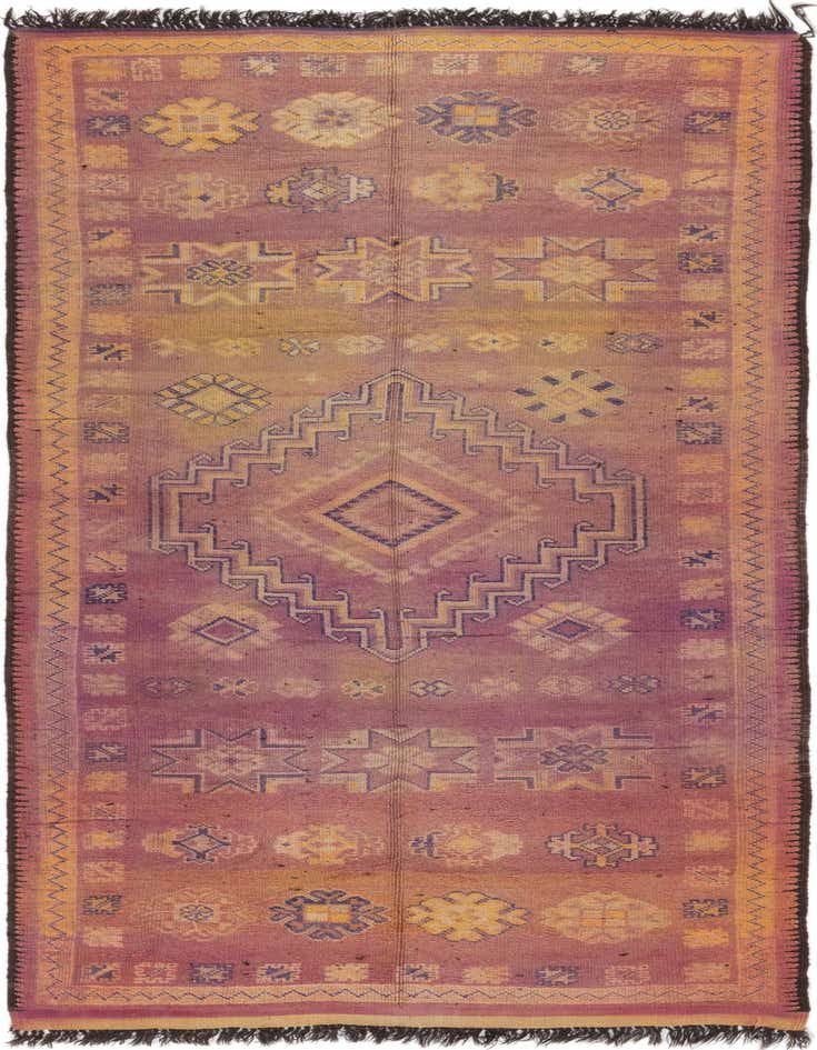 A long 17 ft runner rug in shades of purple and yellow, featuring a central medallion and tribal patterns.