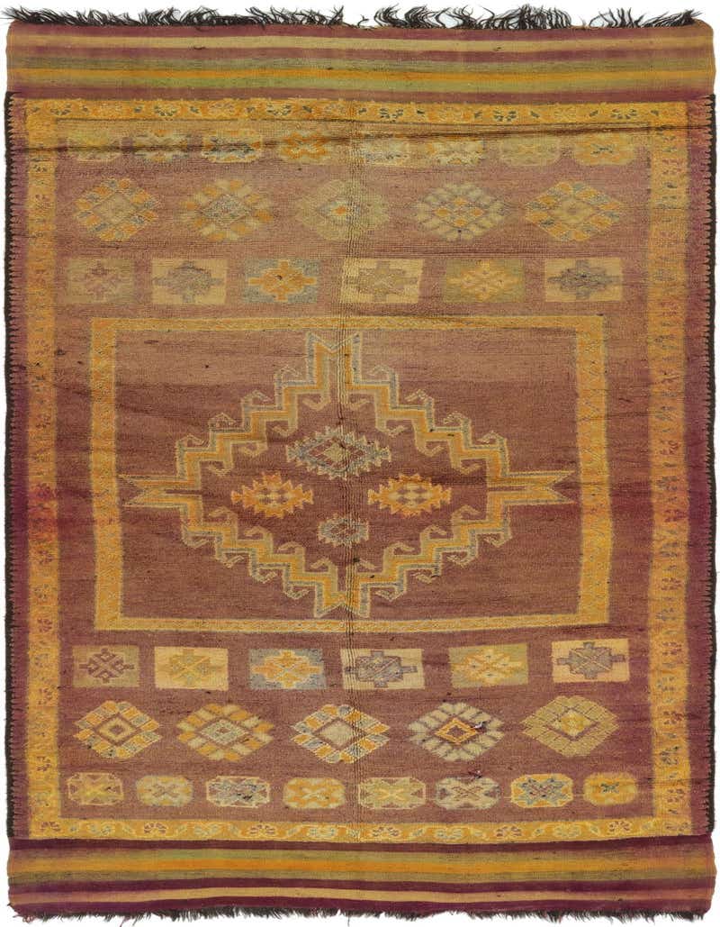 A 16 ft runner rug from Rugs.com's Moroccan collection, featuring a purple background with a central medallion and tribal patterns in yellow, green, and blue. The rug has a shag pile and dark fringed ends.