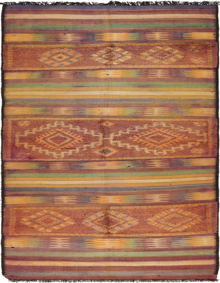 A long 17 ft runner rug with a Southwestern tribal pattern in shades of purple, green, yellow, and orange.